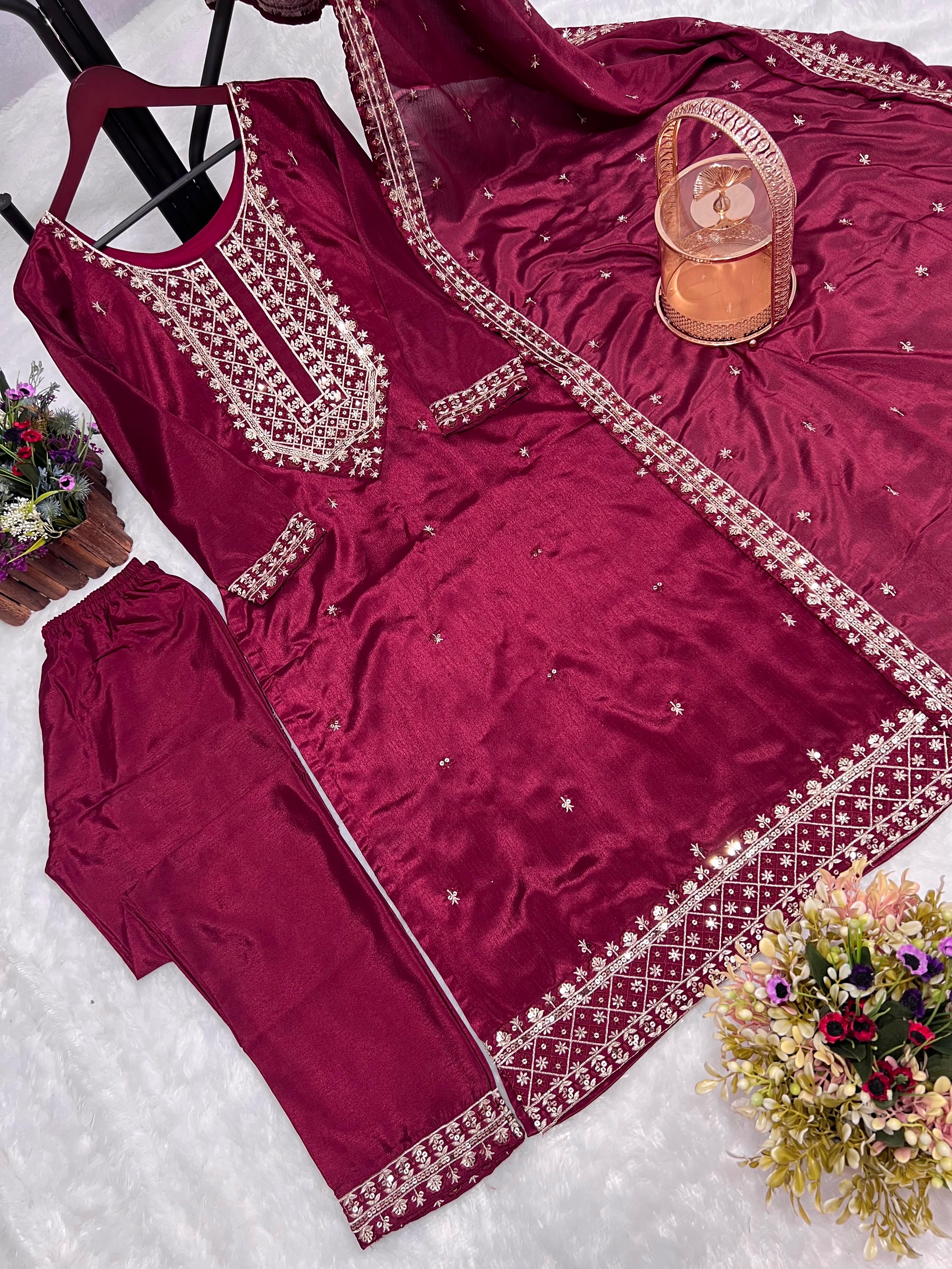 Stylish Embroidery Sequence Work Maroon Color Salwar Suit