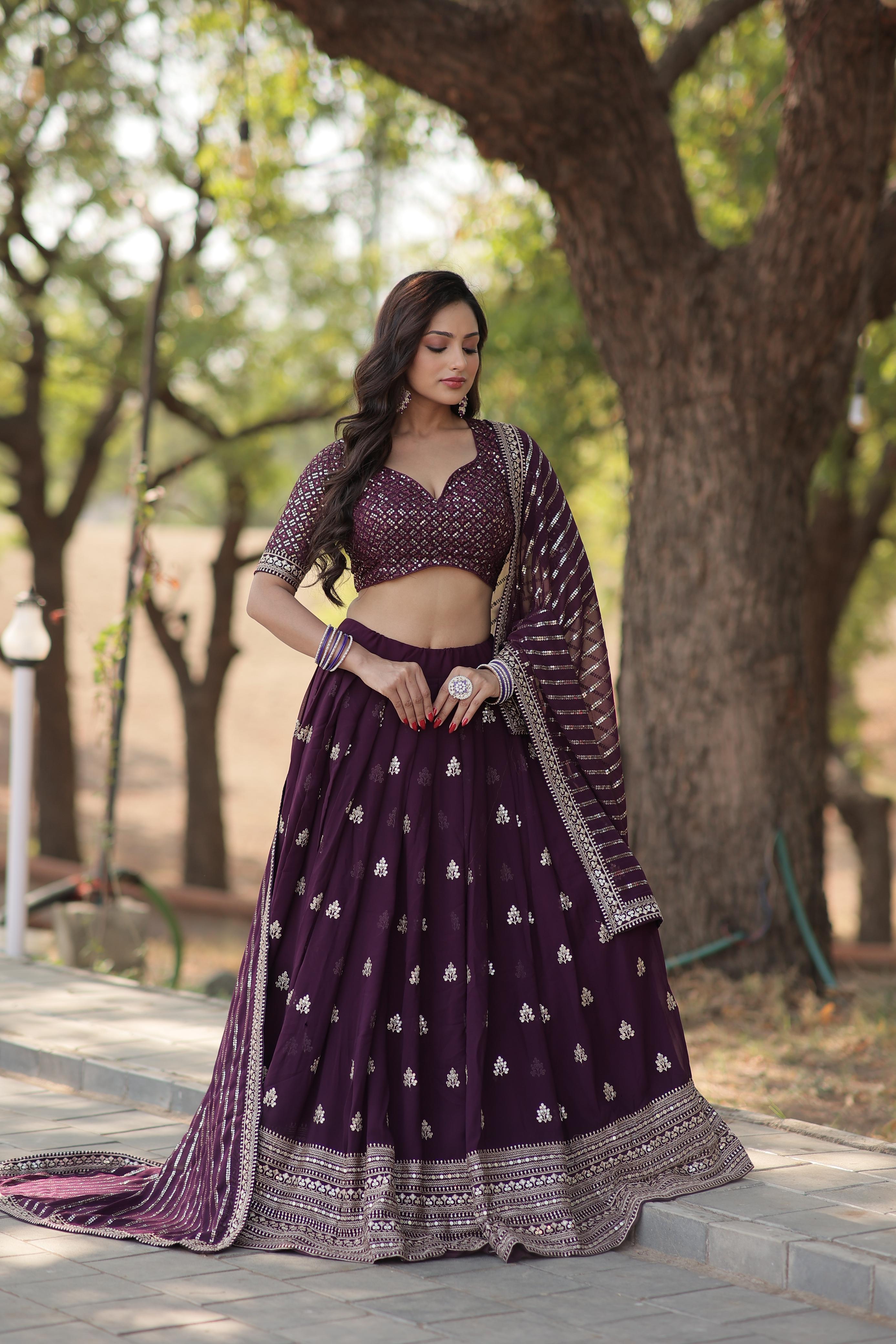 Shining Wine Color Embroidered Sequence Work Lehenga Choli