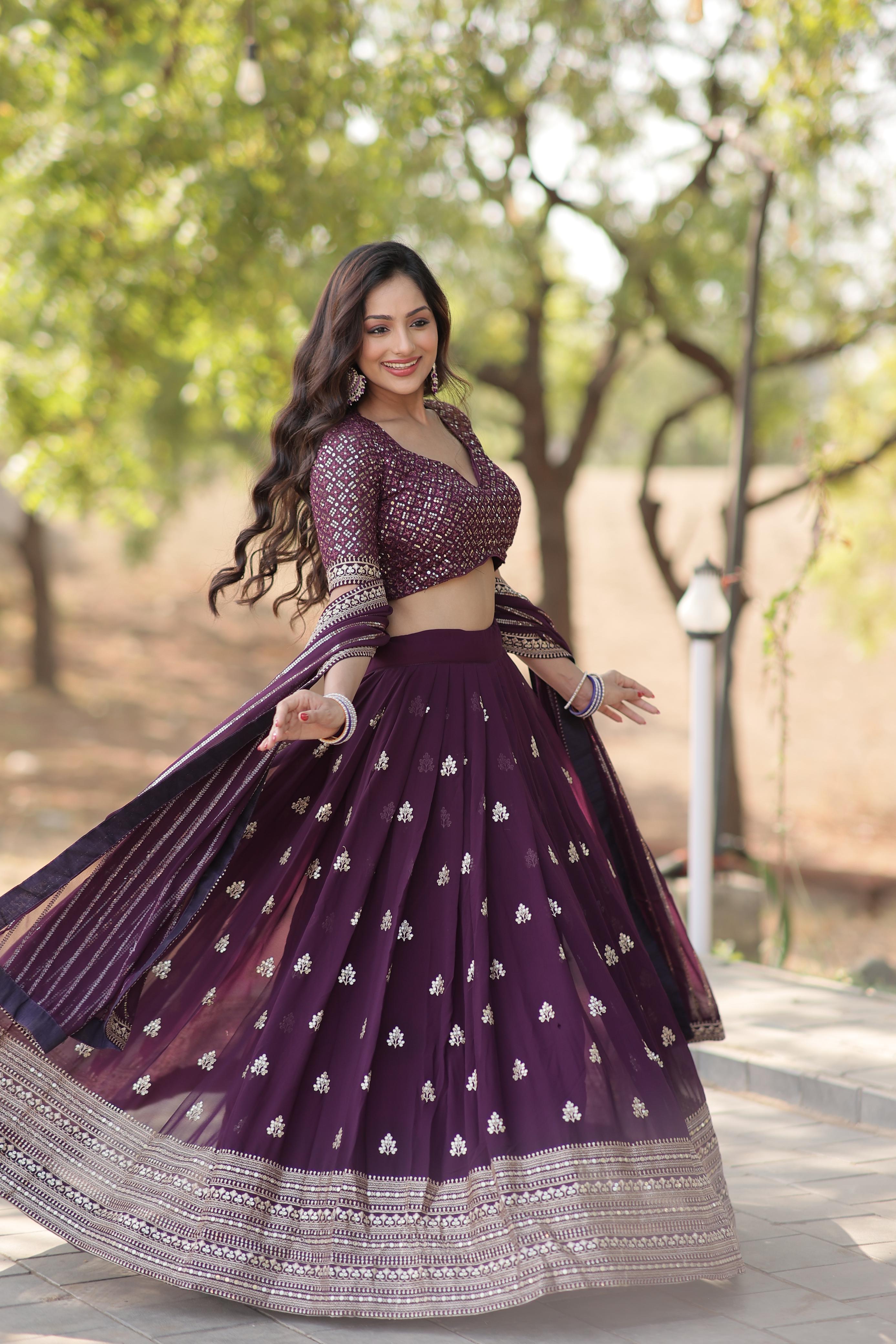 Shining Wine Color Embroidered Sequence Work Lehenga Choli