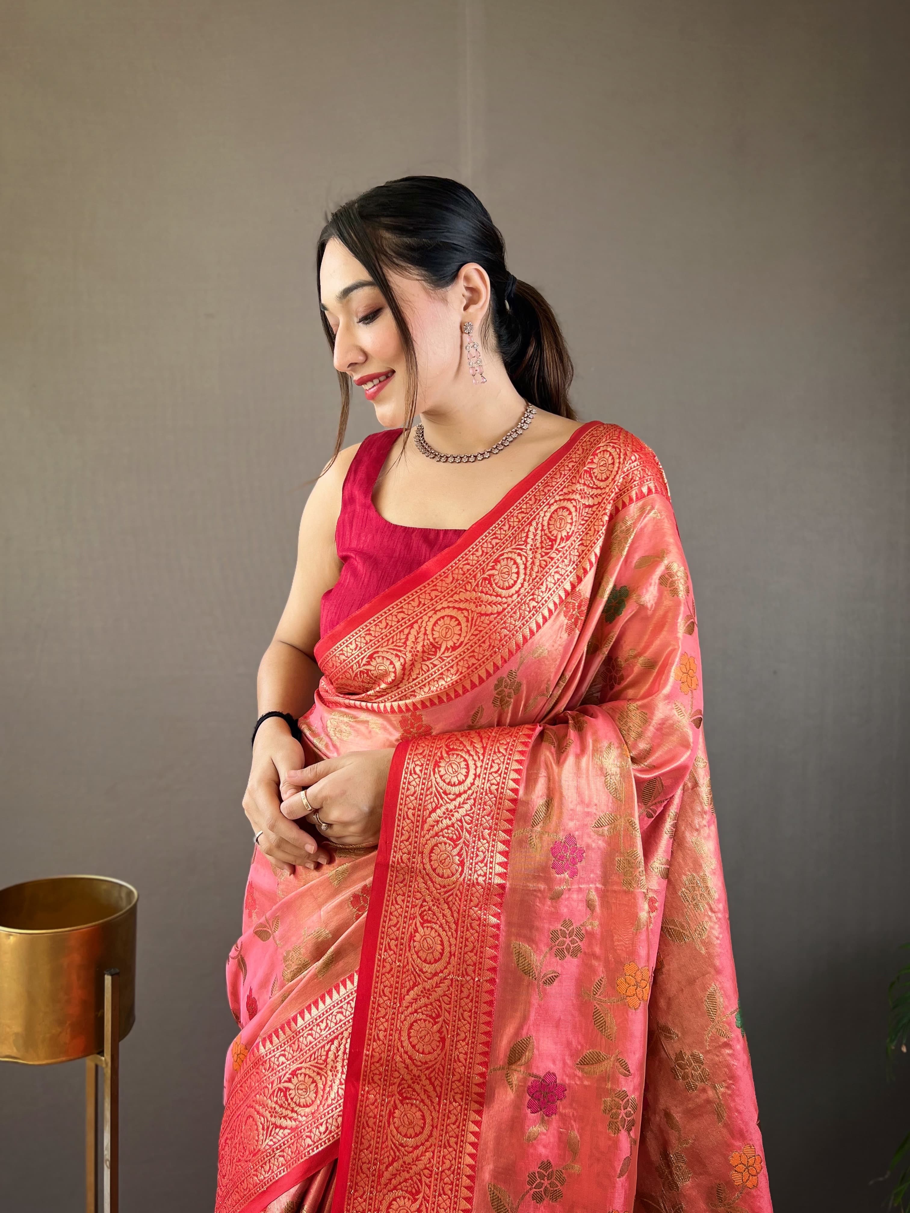 Captivating Pink Color Organza Tissue Silk Saree