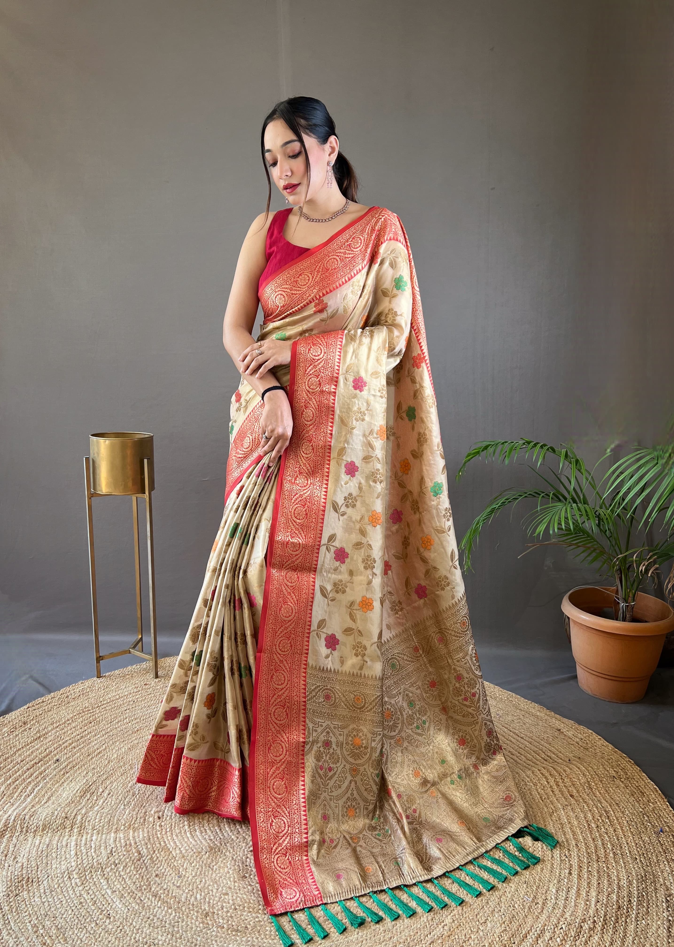 Captivating Beige Color Organza Tissue Silk Saree