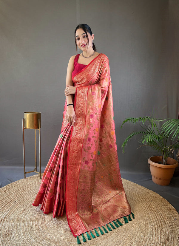 Captivating Pink Color Organza Tissue Silk Saree