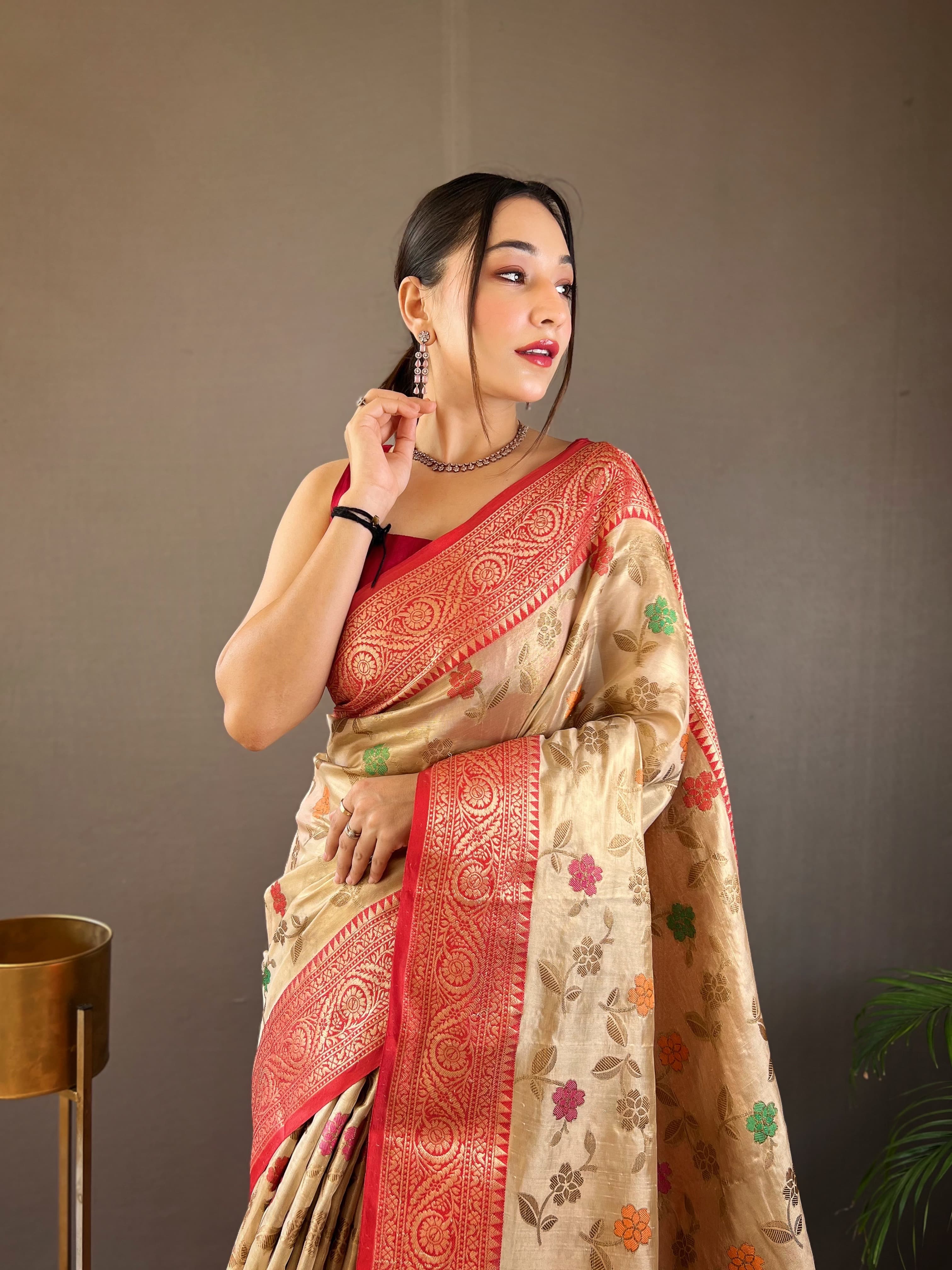 Captivating Beige Color Organza Tissue Silk Saree