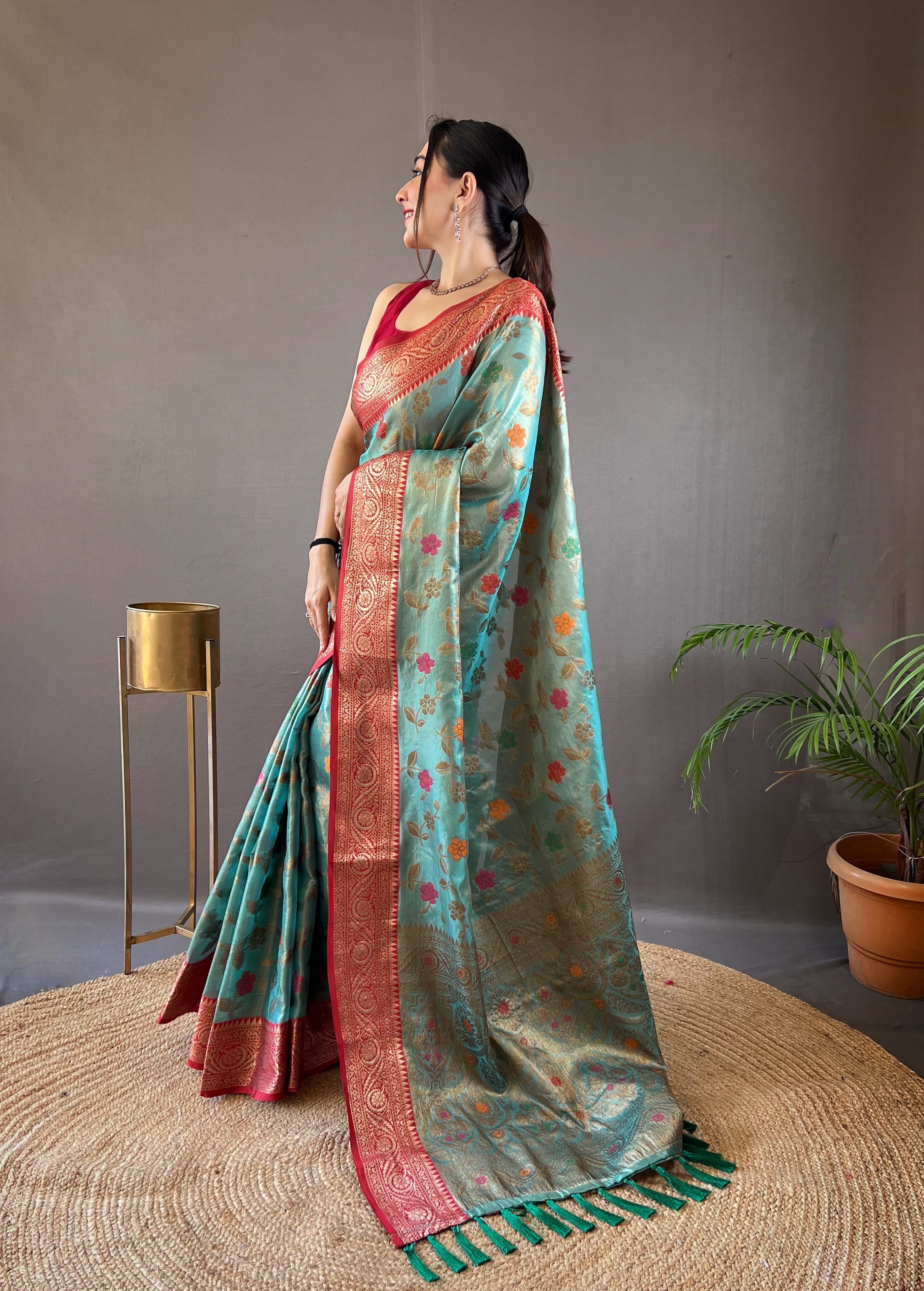 Captivating Sky Blue Color Organza Tissue Silk Saree