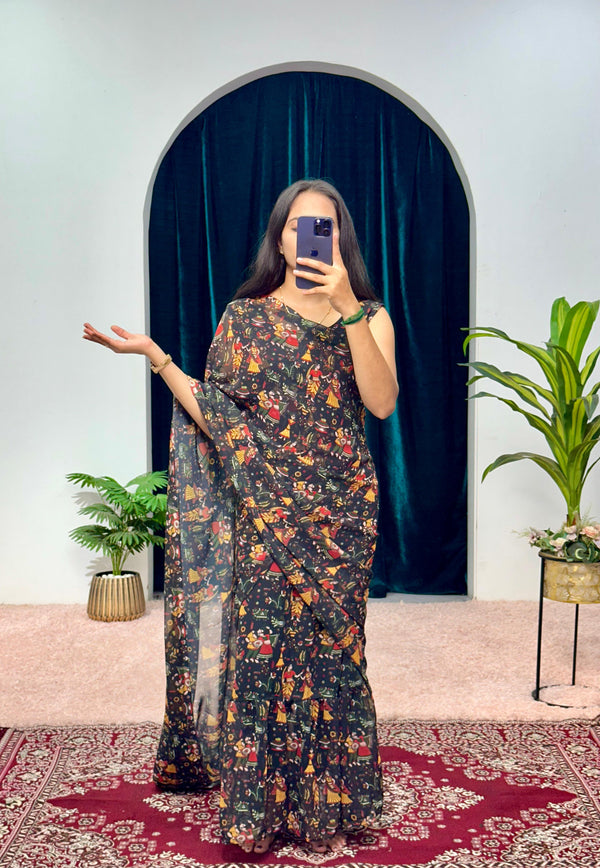 Black Navrati Desgin Gown With Saree Style Dupatta