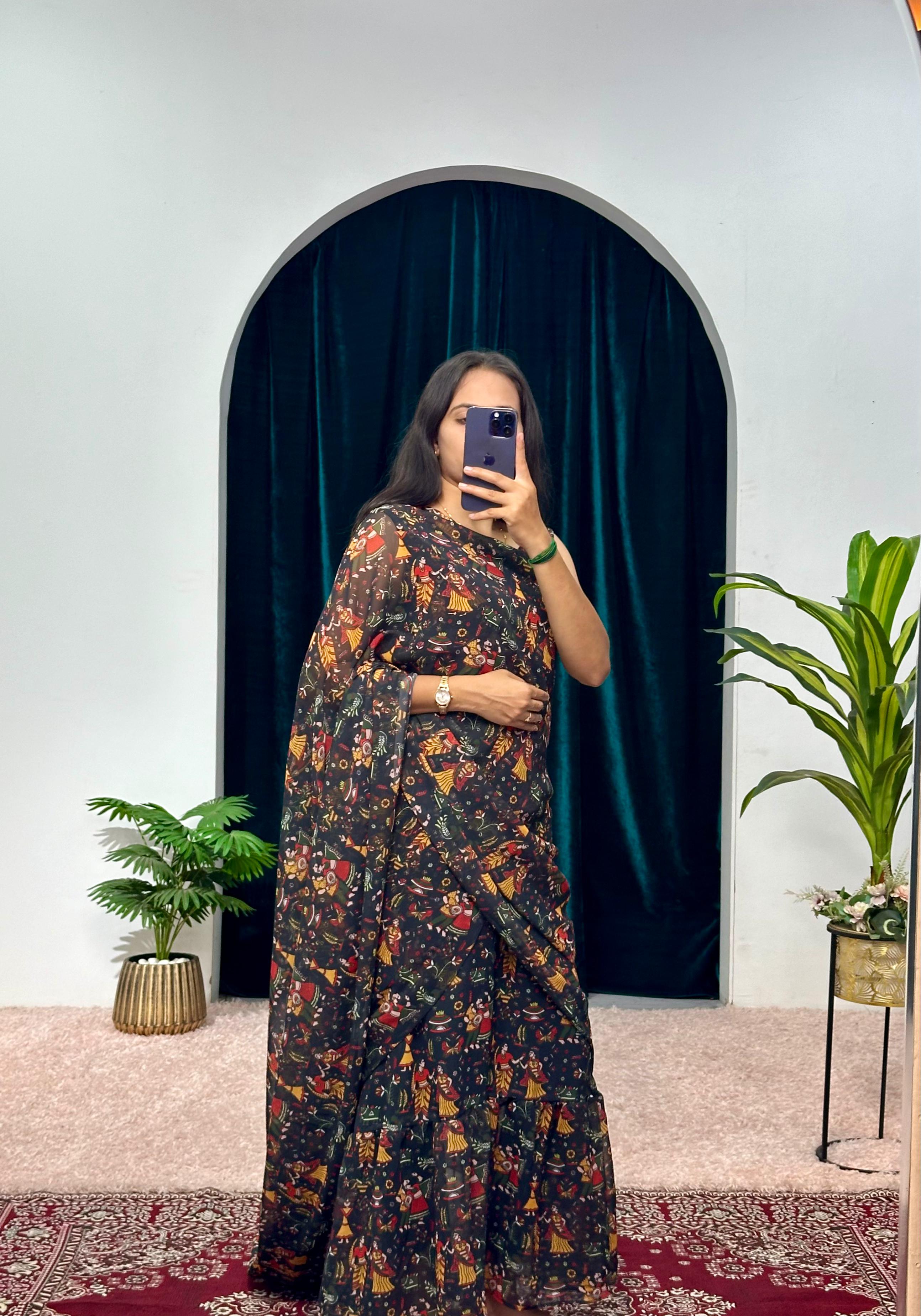 Black Navrati Desgin Gown With Saree Style Dupatta