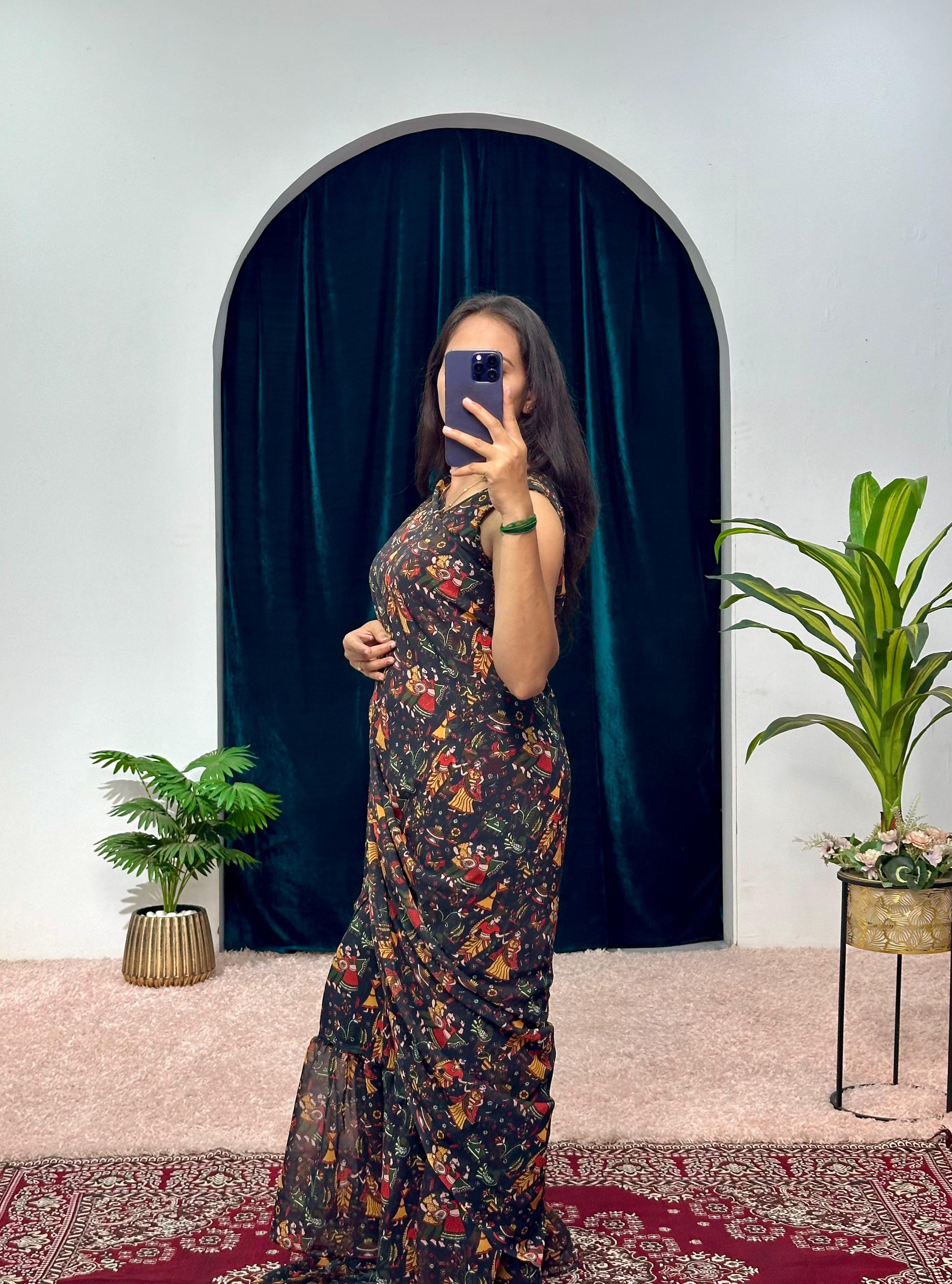 Black Navrati Desgin Gown With Saree Style Dupatta