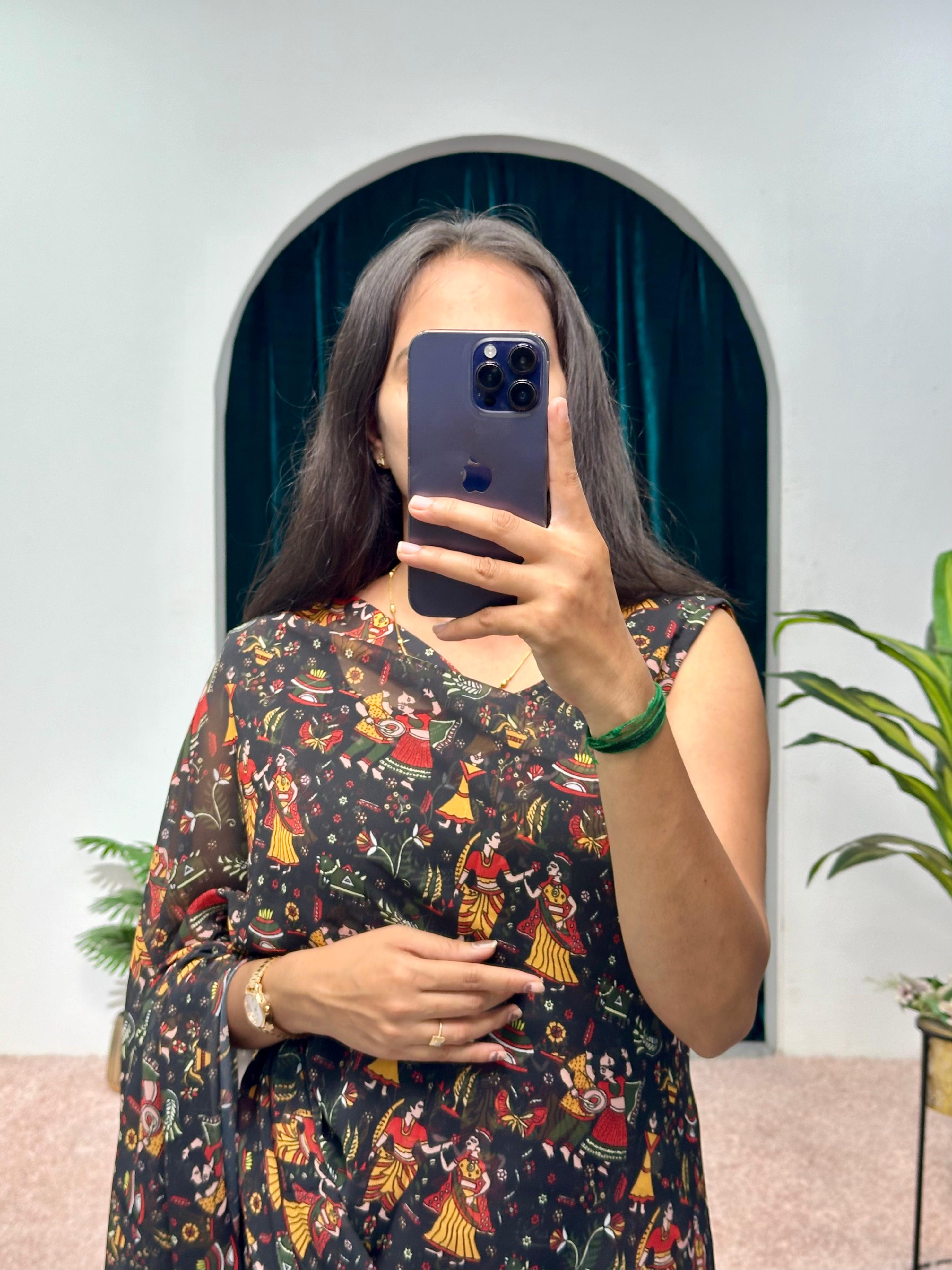 Black Navrati Desgin Gown With Saree Style Dupatta