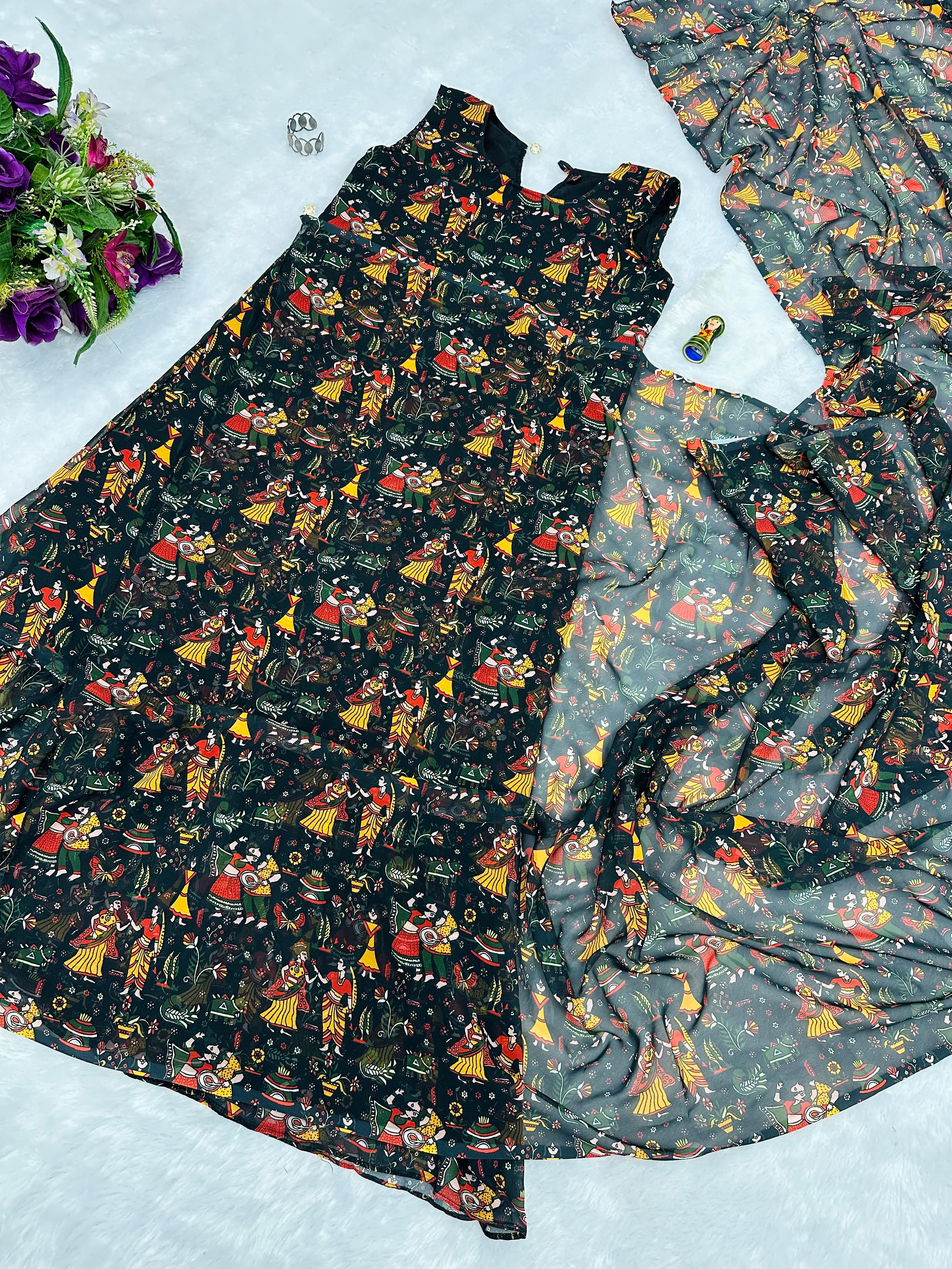 Black Navrati Desgin Gown With Saree Style Dupatta