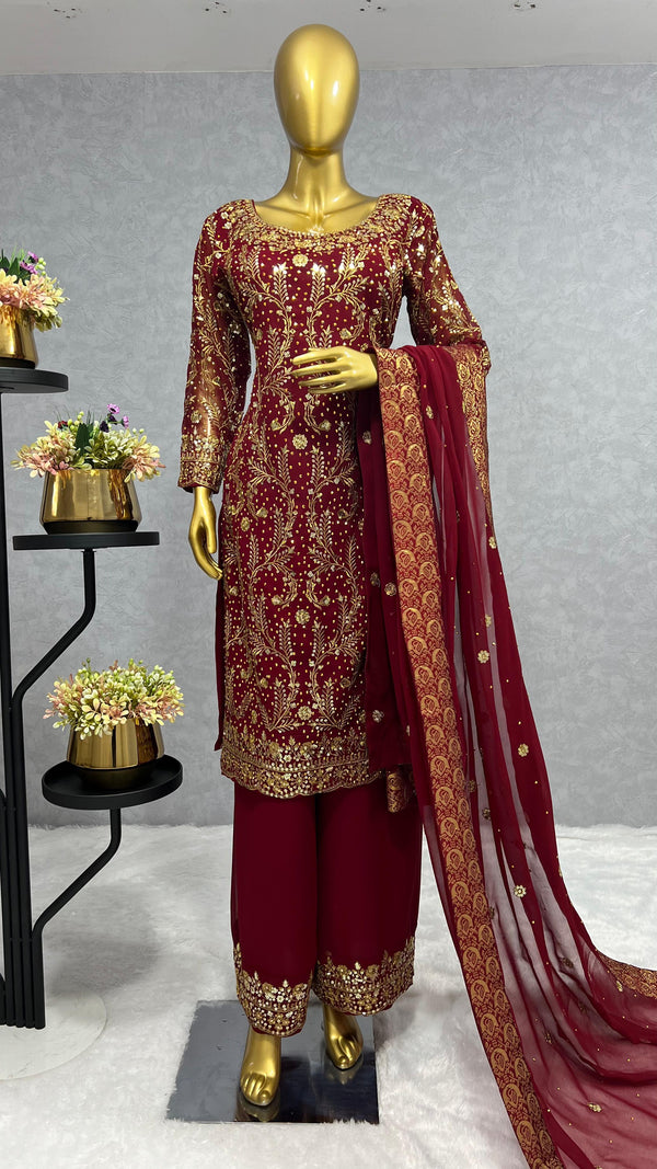 Trending Maroon Color Sequence Work Kurti Set With Dupatta