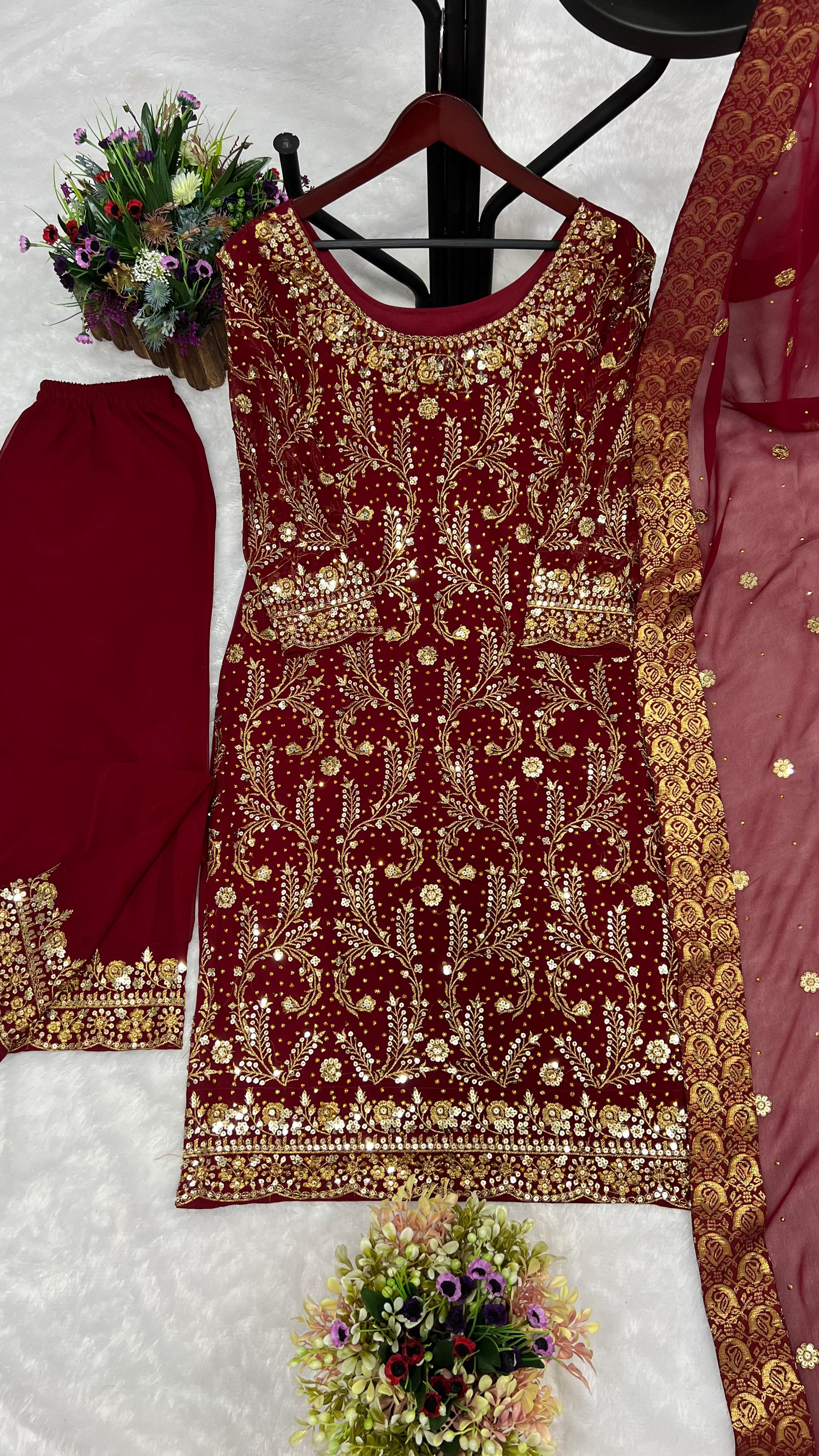 Trending Maroon Color Sequence Work Kurti Set With Dupatta