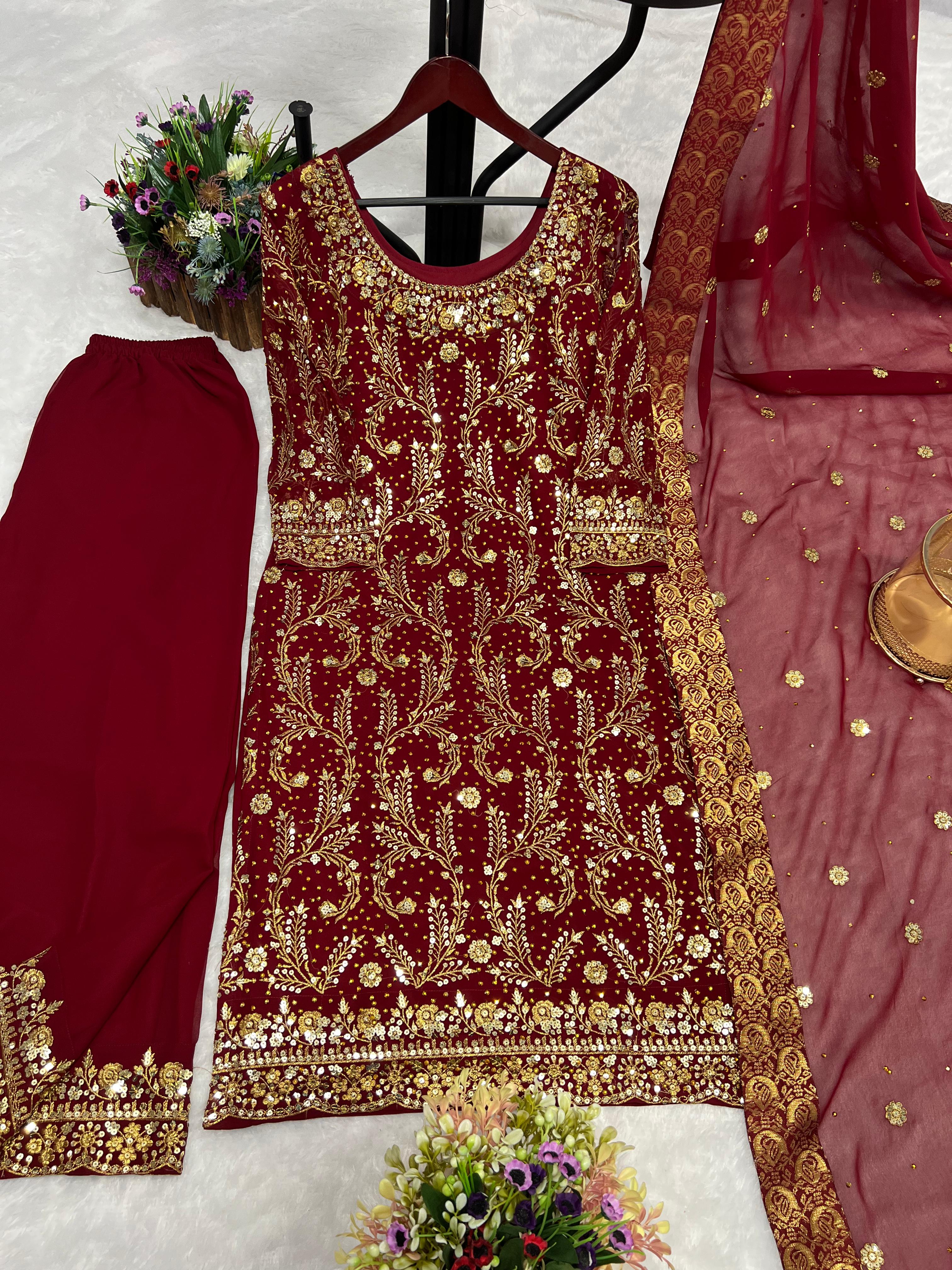 Trending Maroon Color Sequence Work Kurti Set With Dupatta