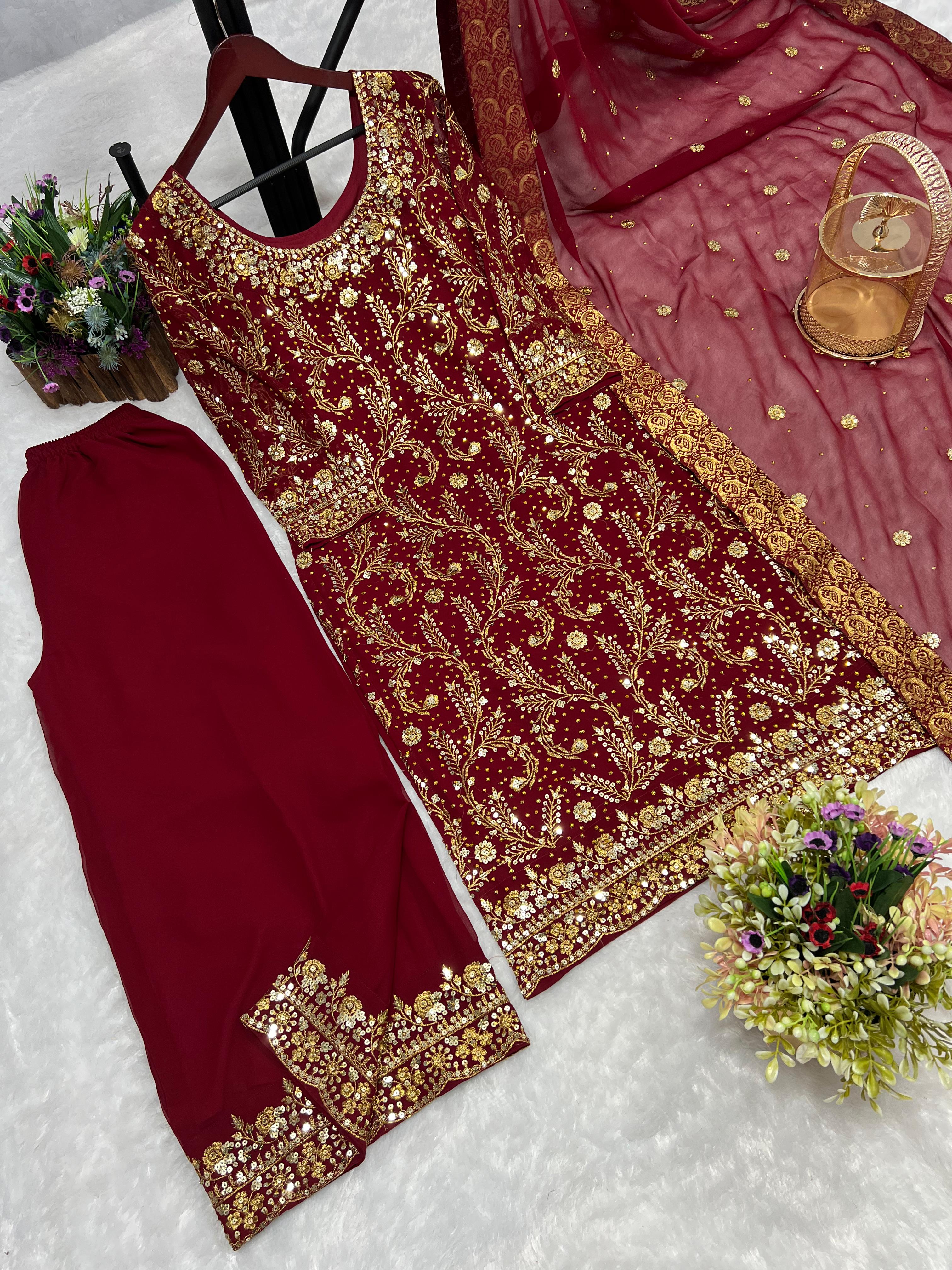 Trending Maroon Color Sequence Work Kurti Set With Dupatta