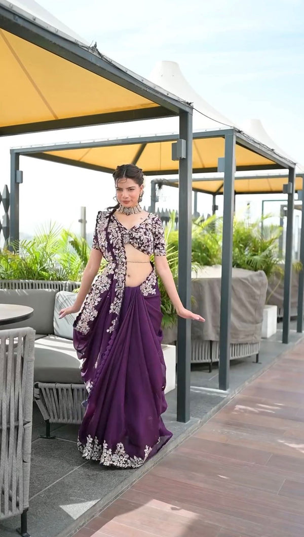 Purple Color Thread And Sequence Work Saree