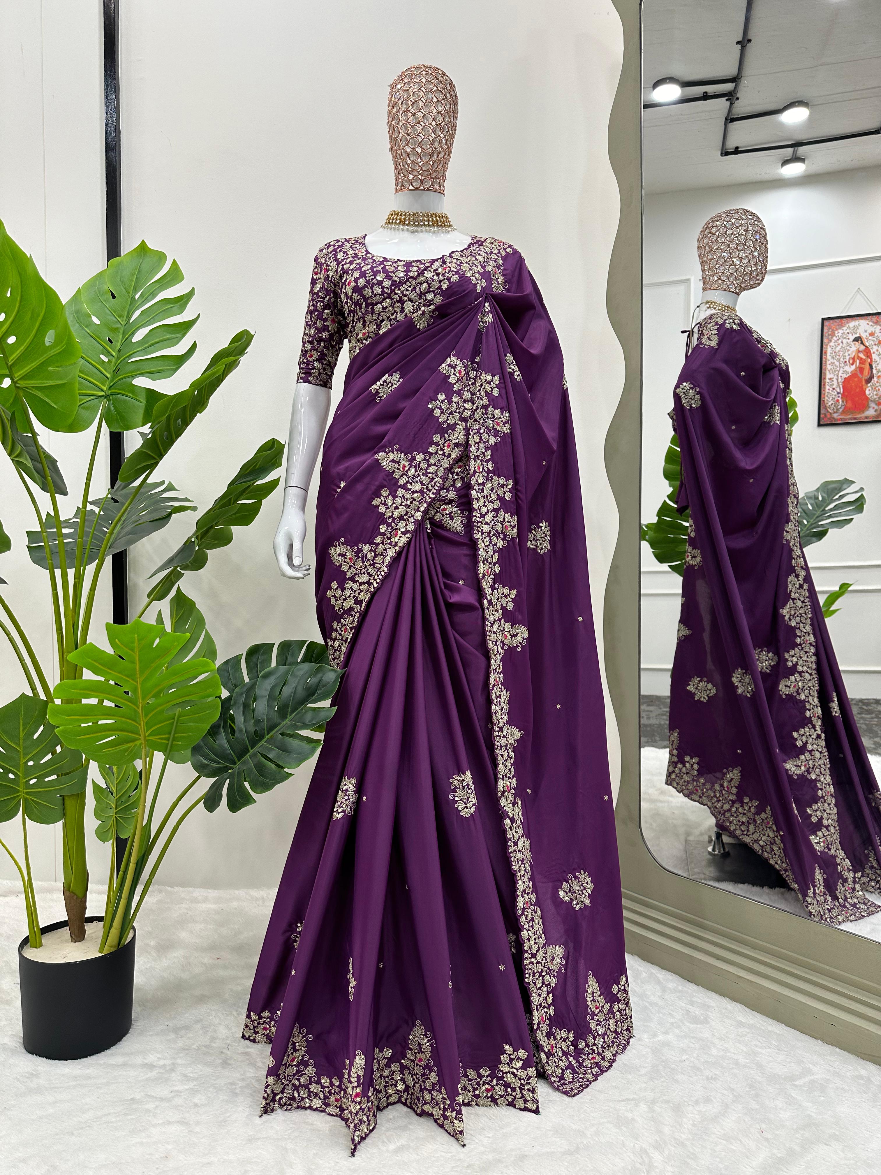 Purple Color Thread And Sequence Work Saree