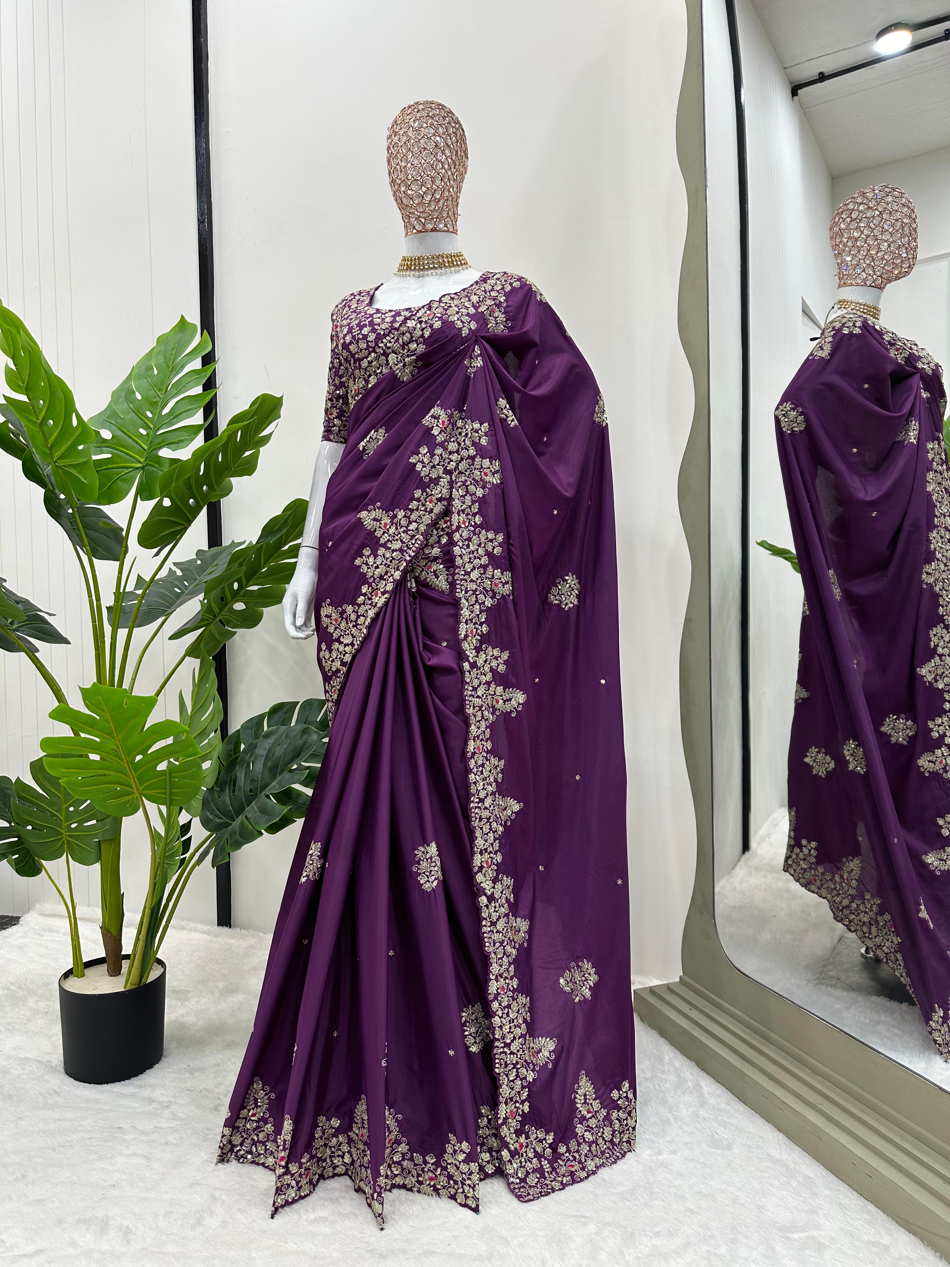 Purple Color Thread And Sequence Work Saree