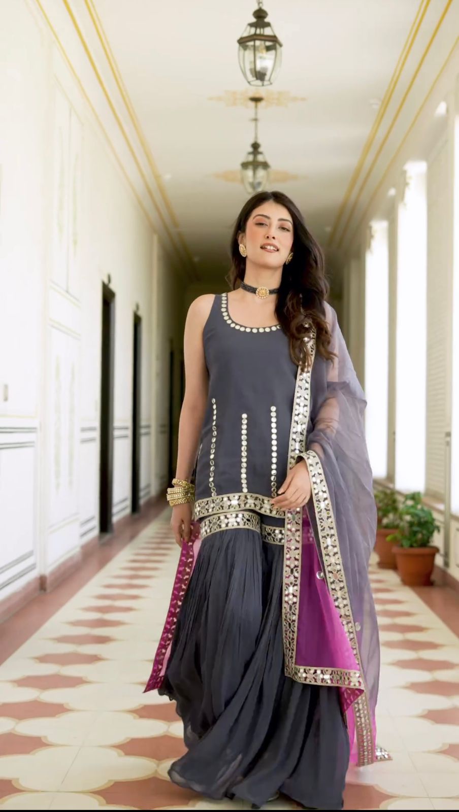 Function Wear Sequence Work Grey Color Sharara Suit