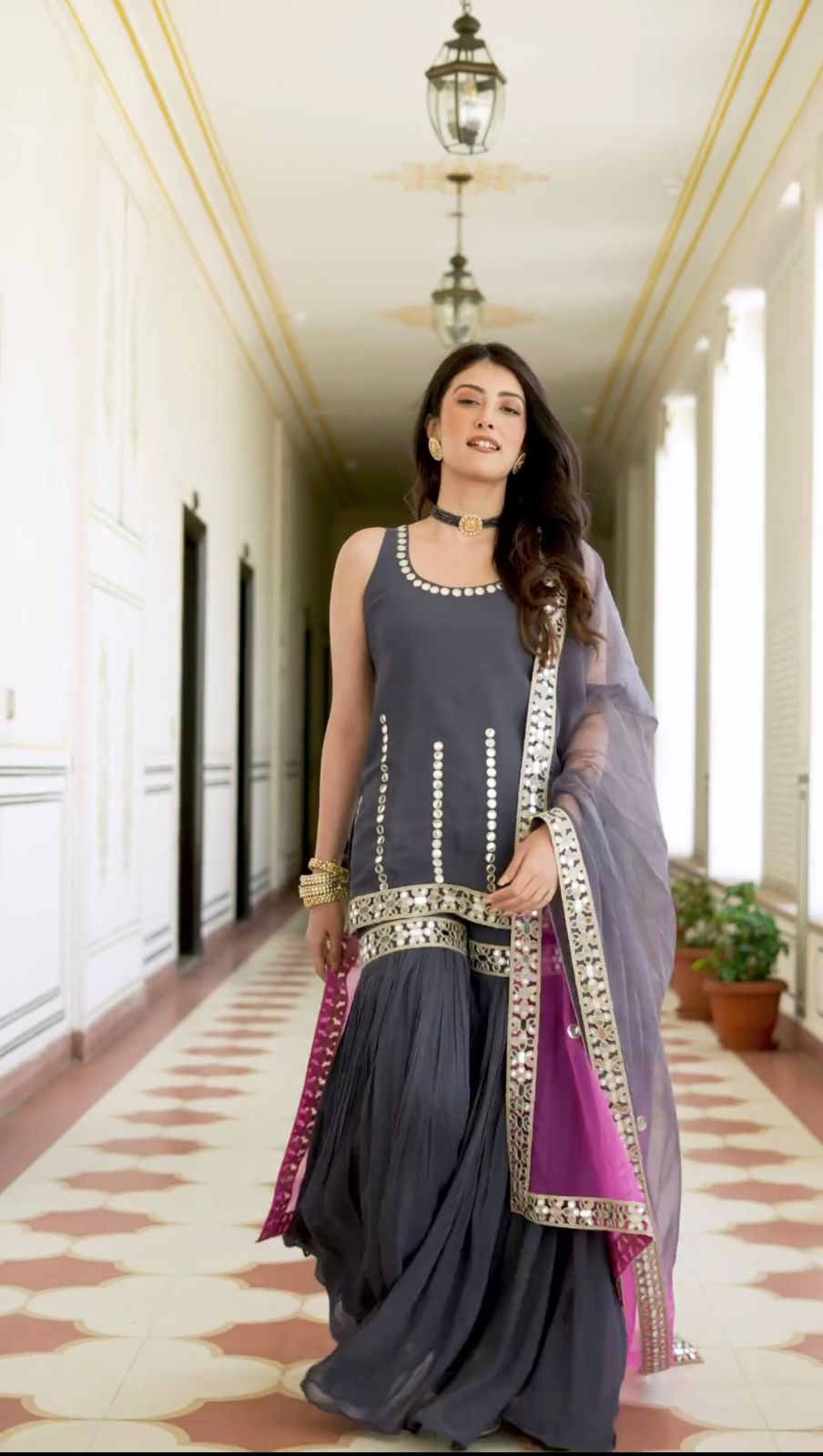 Function Wear Sequence Work Grey Color Sharara Suit Vastra Shop Function Wear Sequence Work Grey Color Sharara Suit Vastra Shop