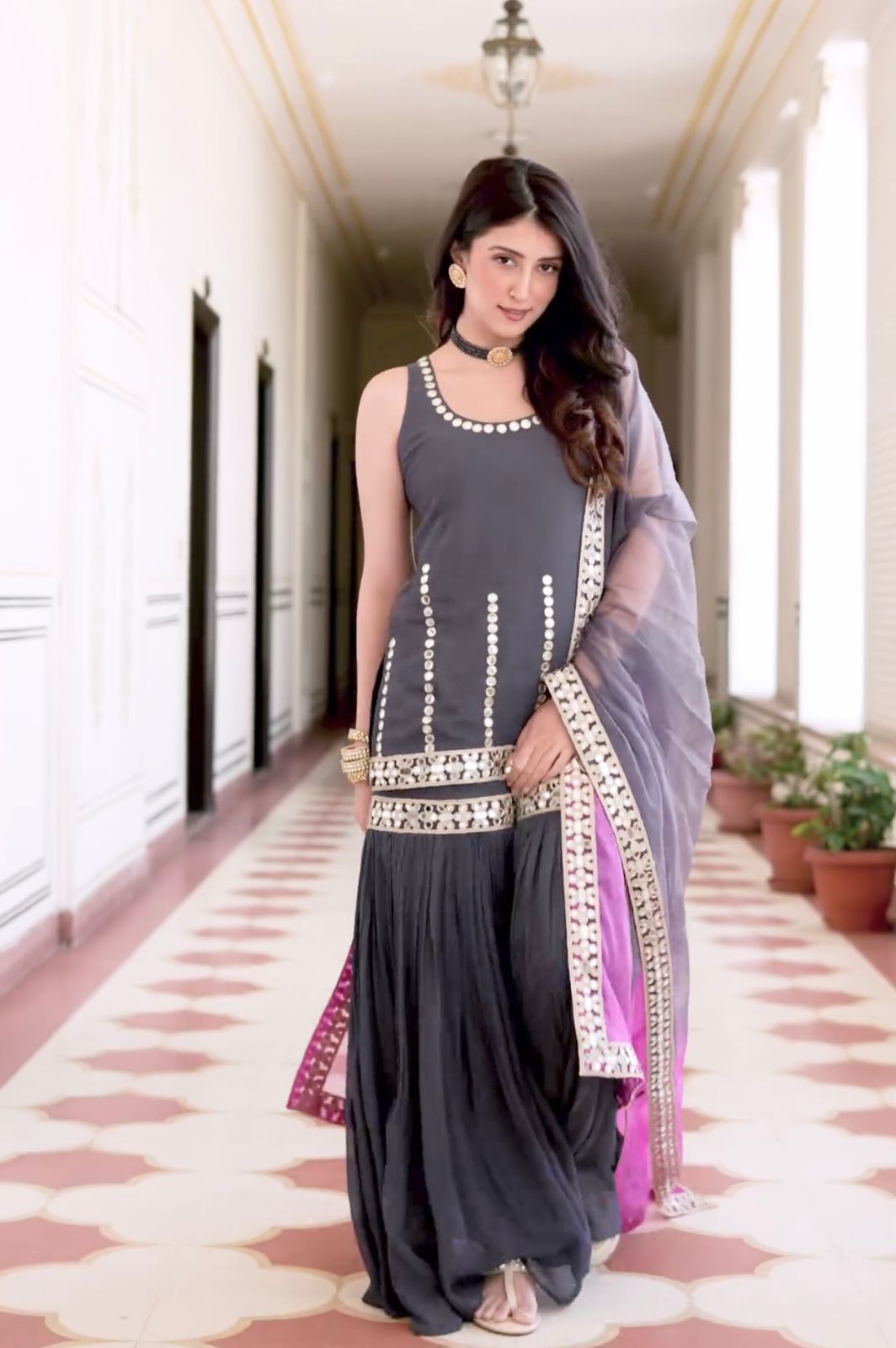 Function Wear Sequence Work Grey Color Sharara Suit