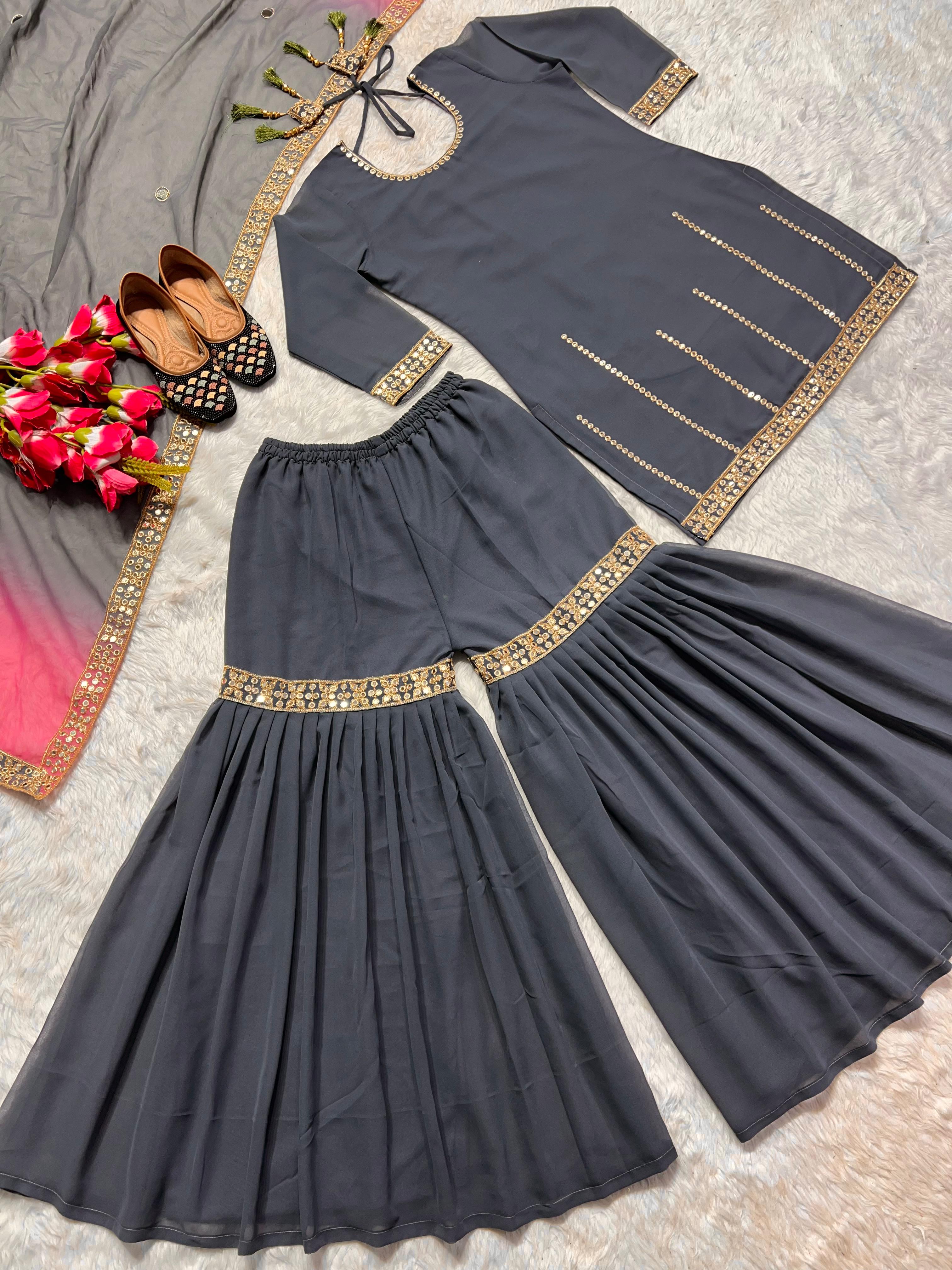 Function Wear Sequence Work Grey Color Sharara Suit