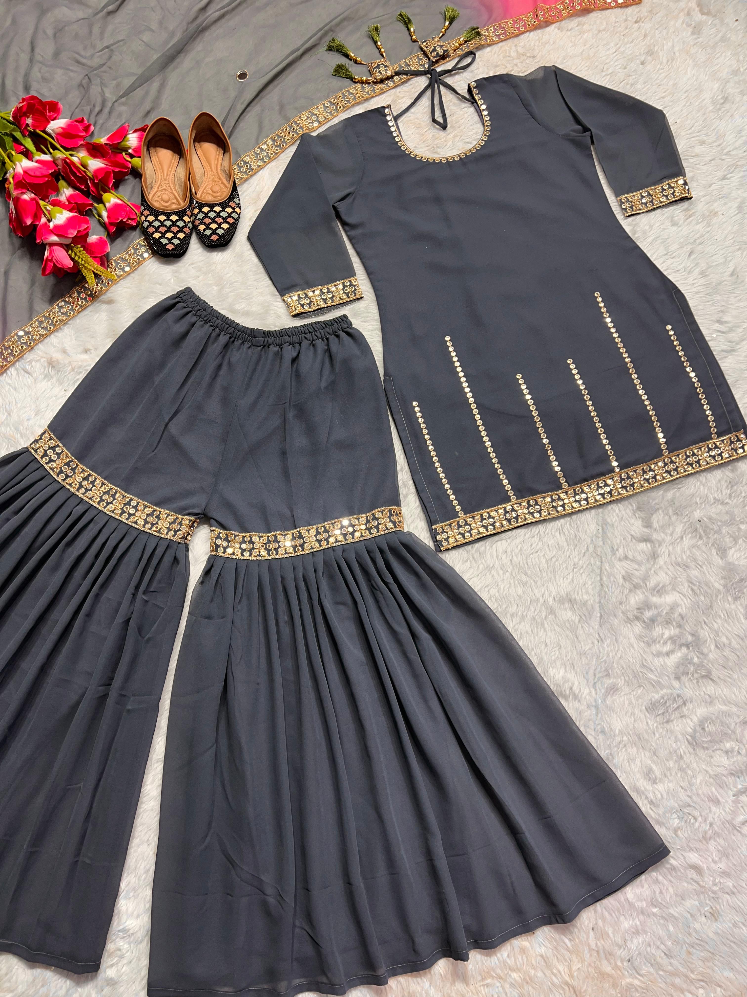 Function Wear Sequence Work Grey Color Sharara Suit