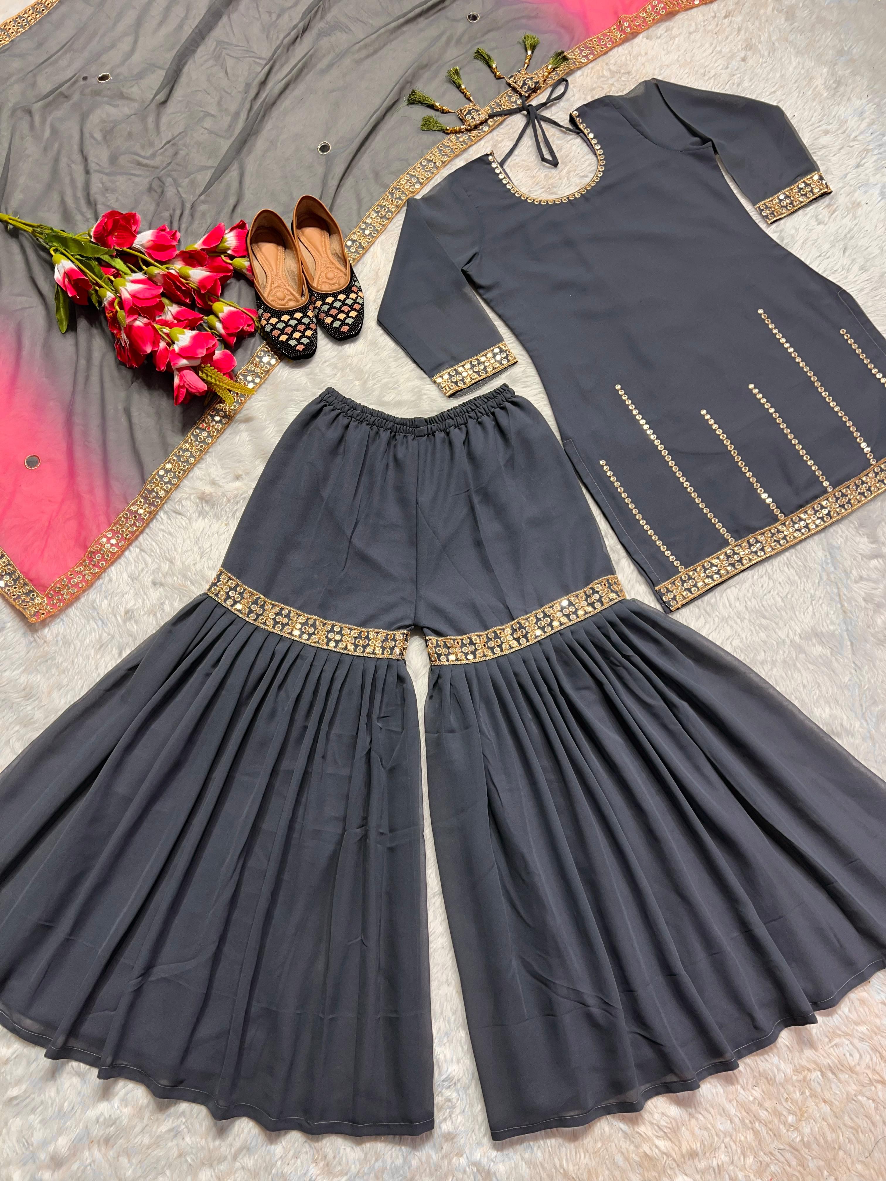 Function Wear Sequence Work Grey Color Sharara Suit