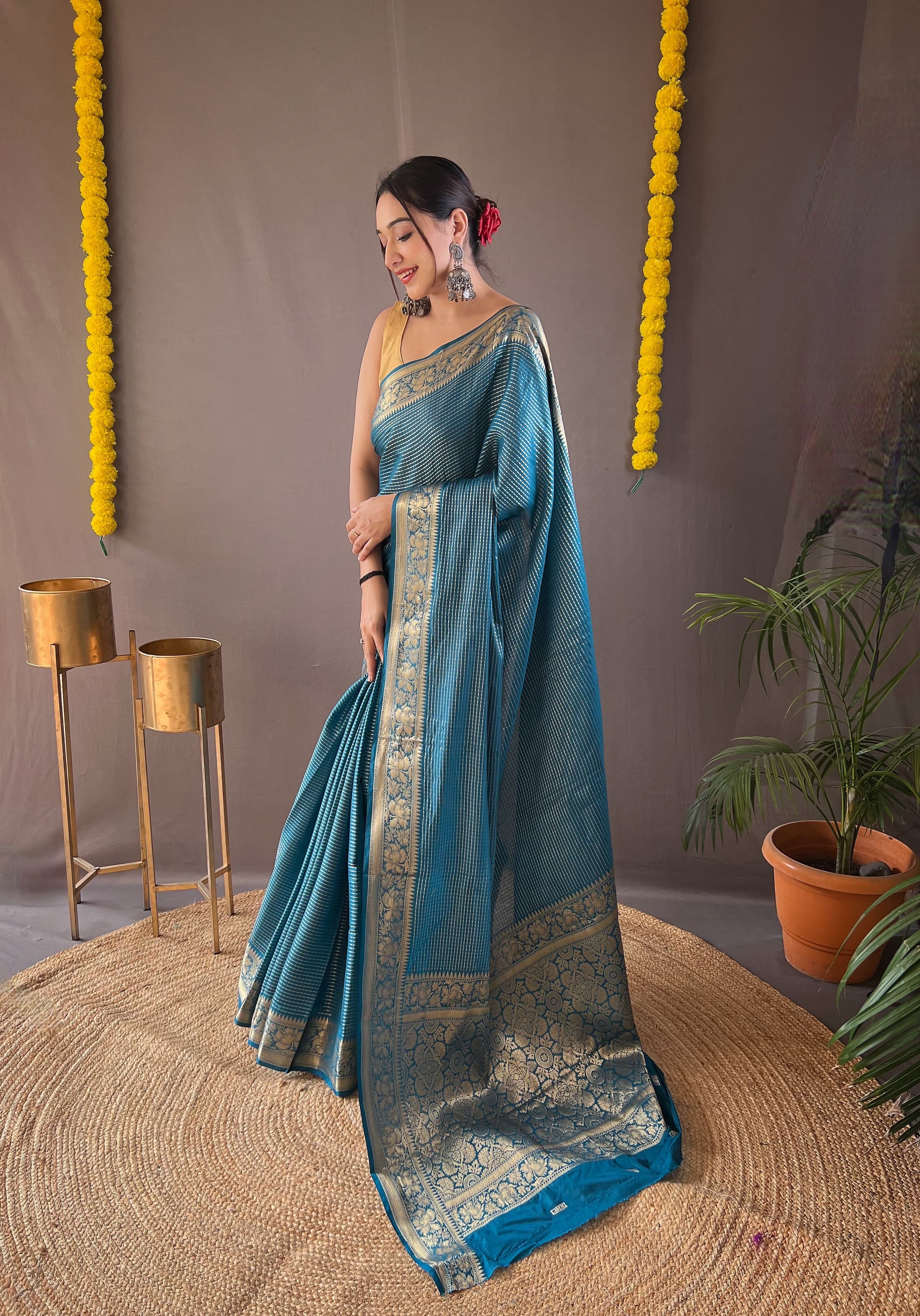 Function Wear Rich Pallu Teal Blue Weaving Saree