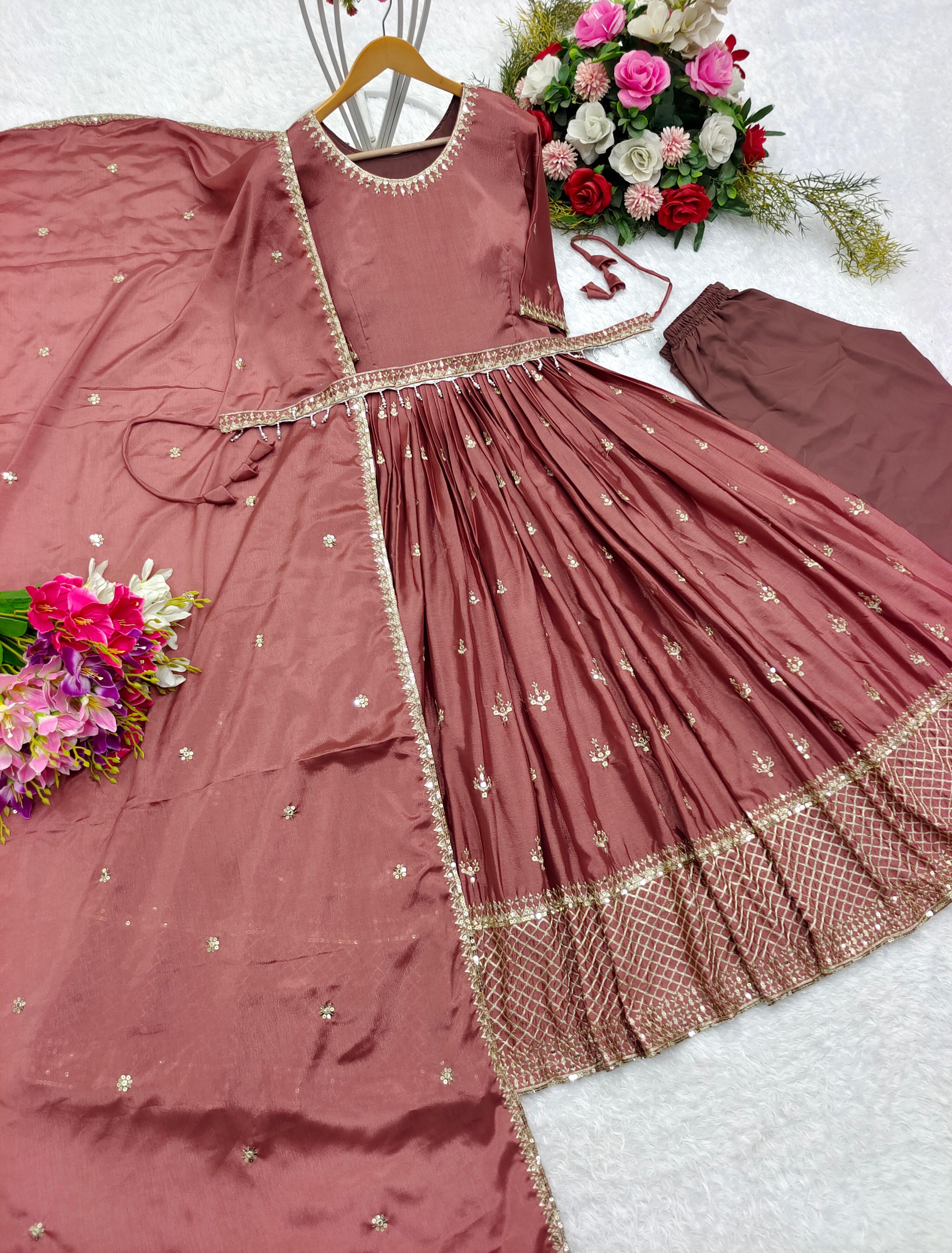 Brown Color Embroidery Work Anarkali Gown