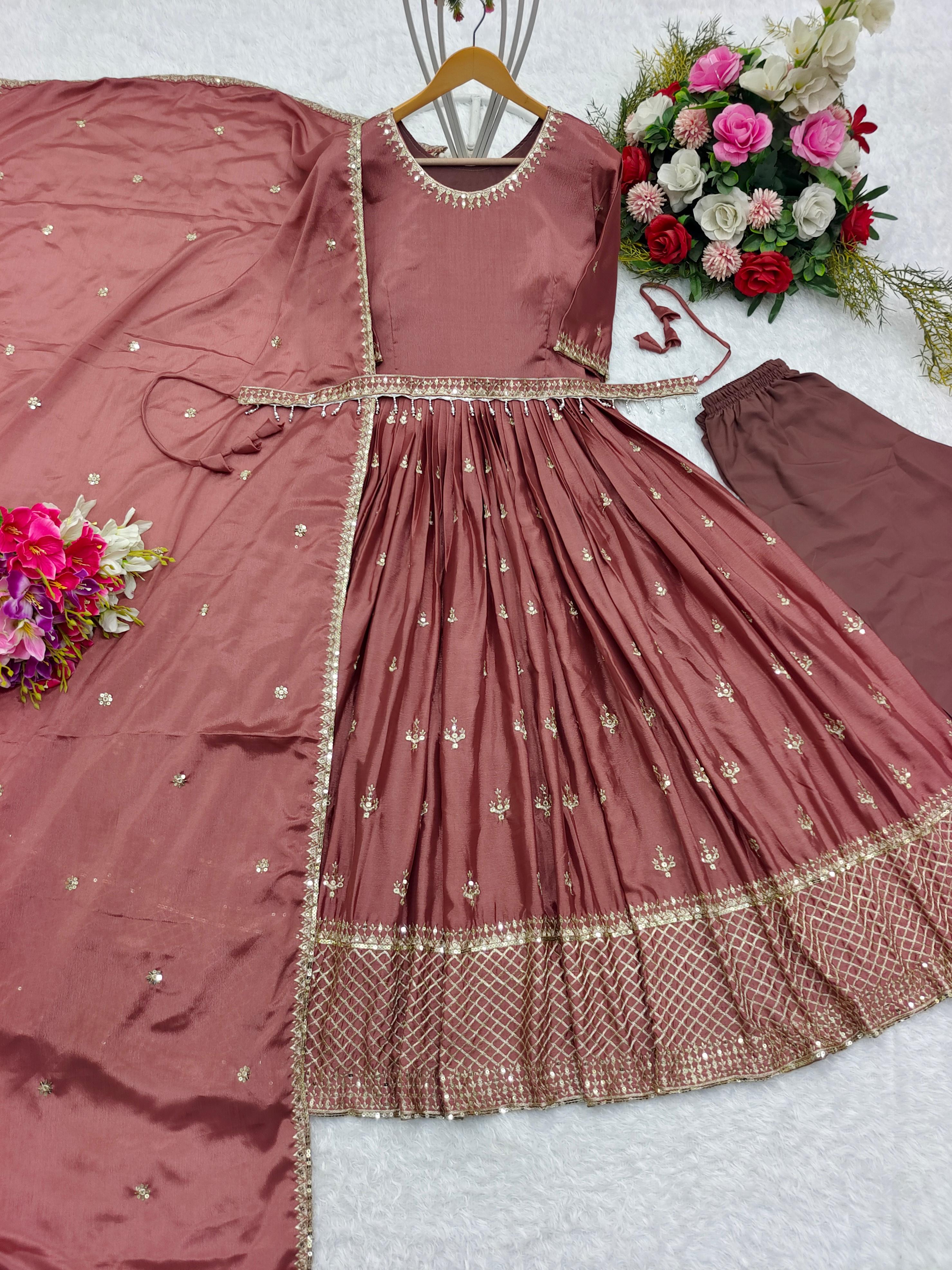 Brown Color Embroidery Work Anarkali Gown