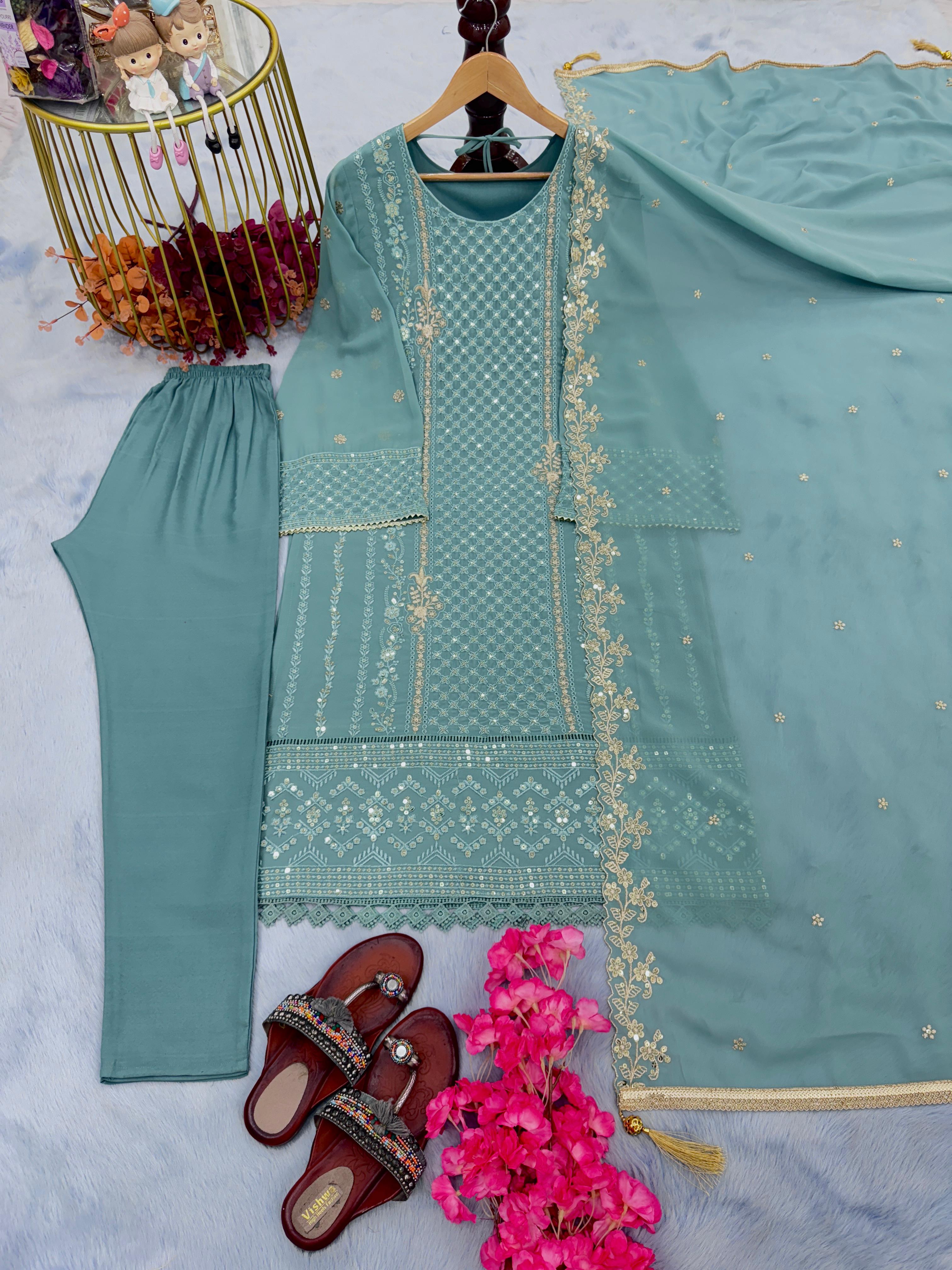 Exclusive Embroidery Work Sky Blue Kurti Pant With Dupatta