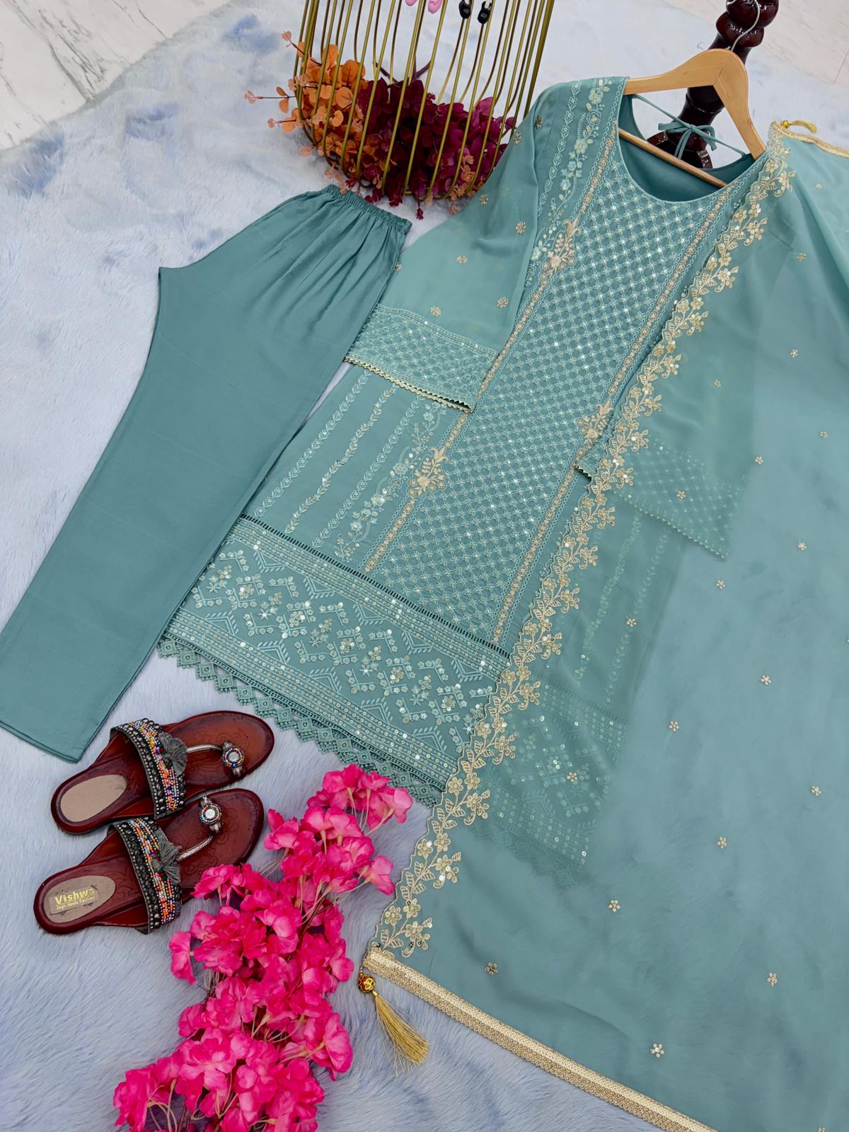 Exclusive Embroidery Work Sky Blue Kurti Pant With Dupatta