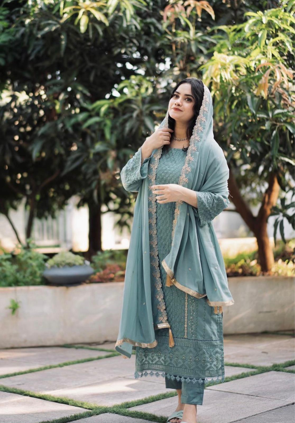 Exclusive Embroidery Work Sky Blue Kurti Pant With Dupatta