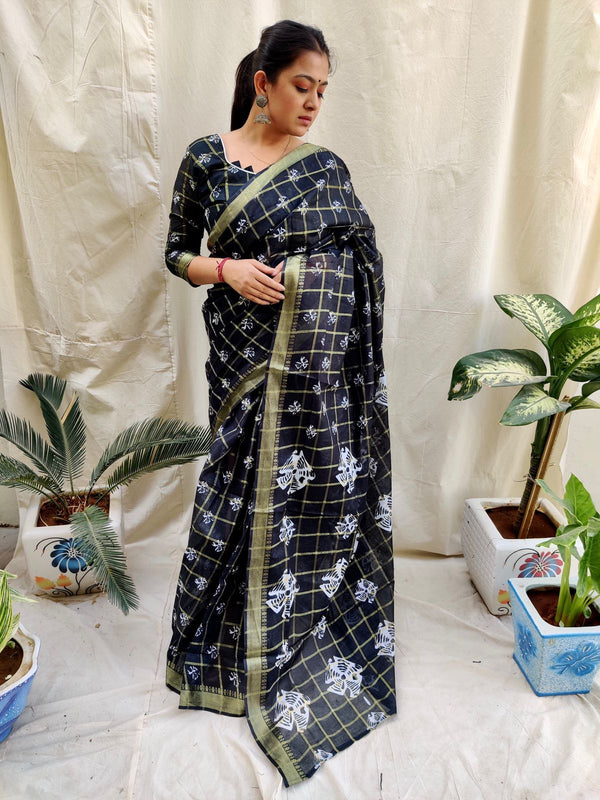 Demanding Black Color Batik Print Saree