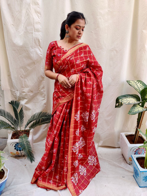 Demanding Red Color Batik Print Saree