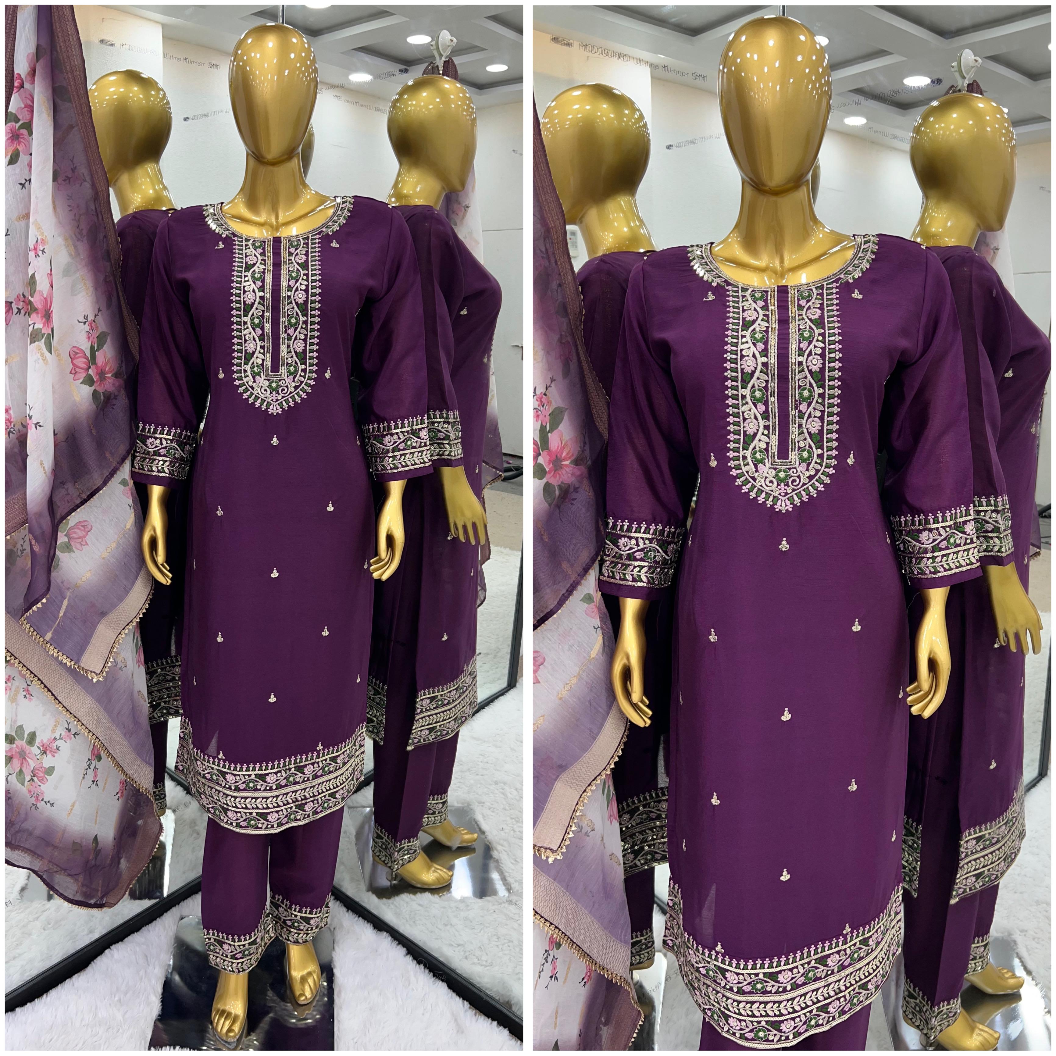 Purple Heavy Embroidery Sequence Work Kurti Set