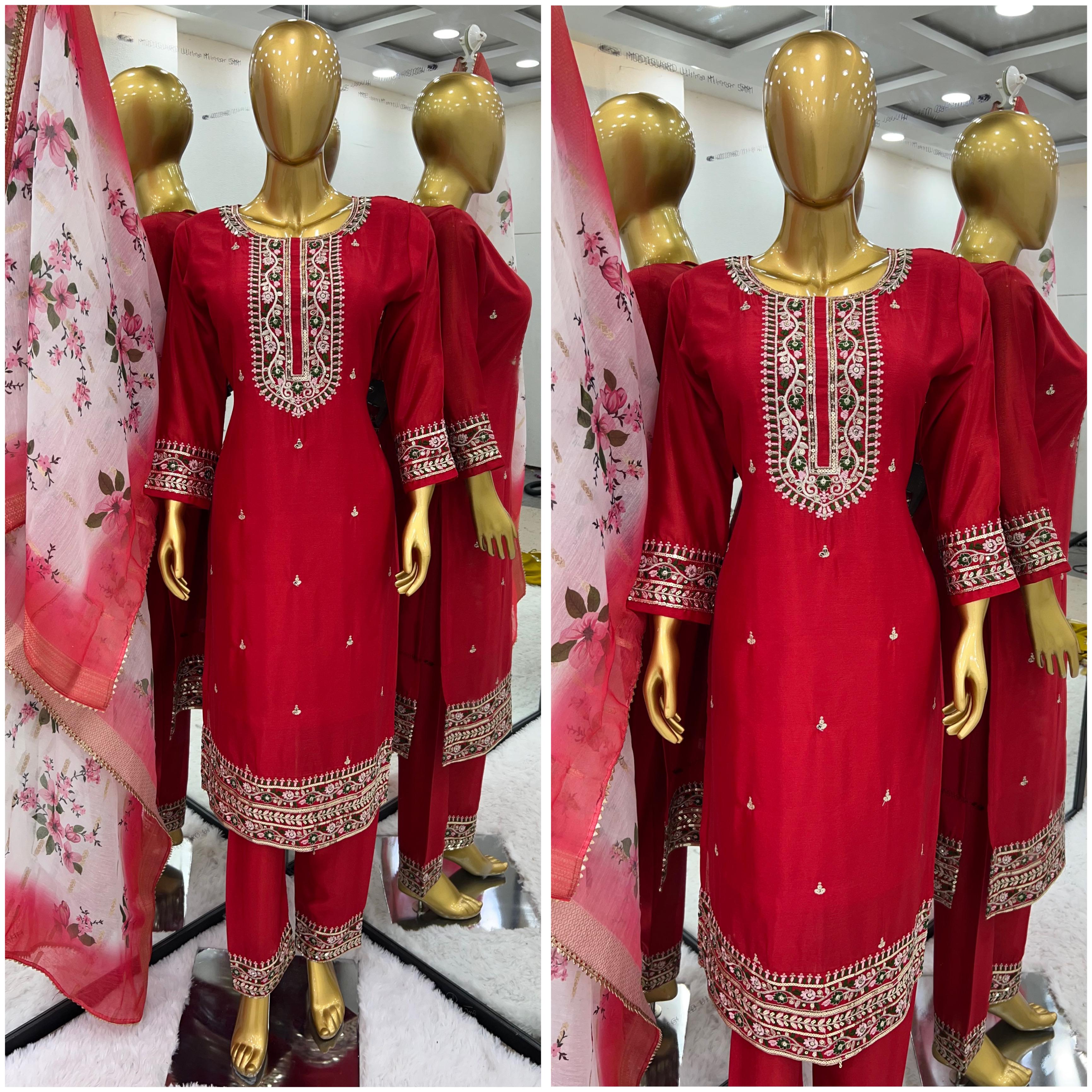 Red Heavy Embroidery Sequence Work Kurti Set