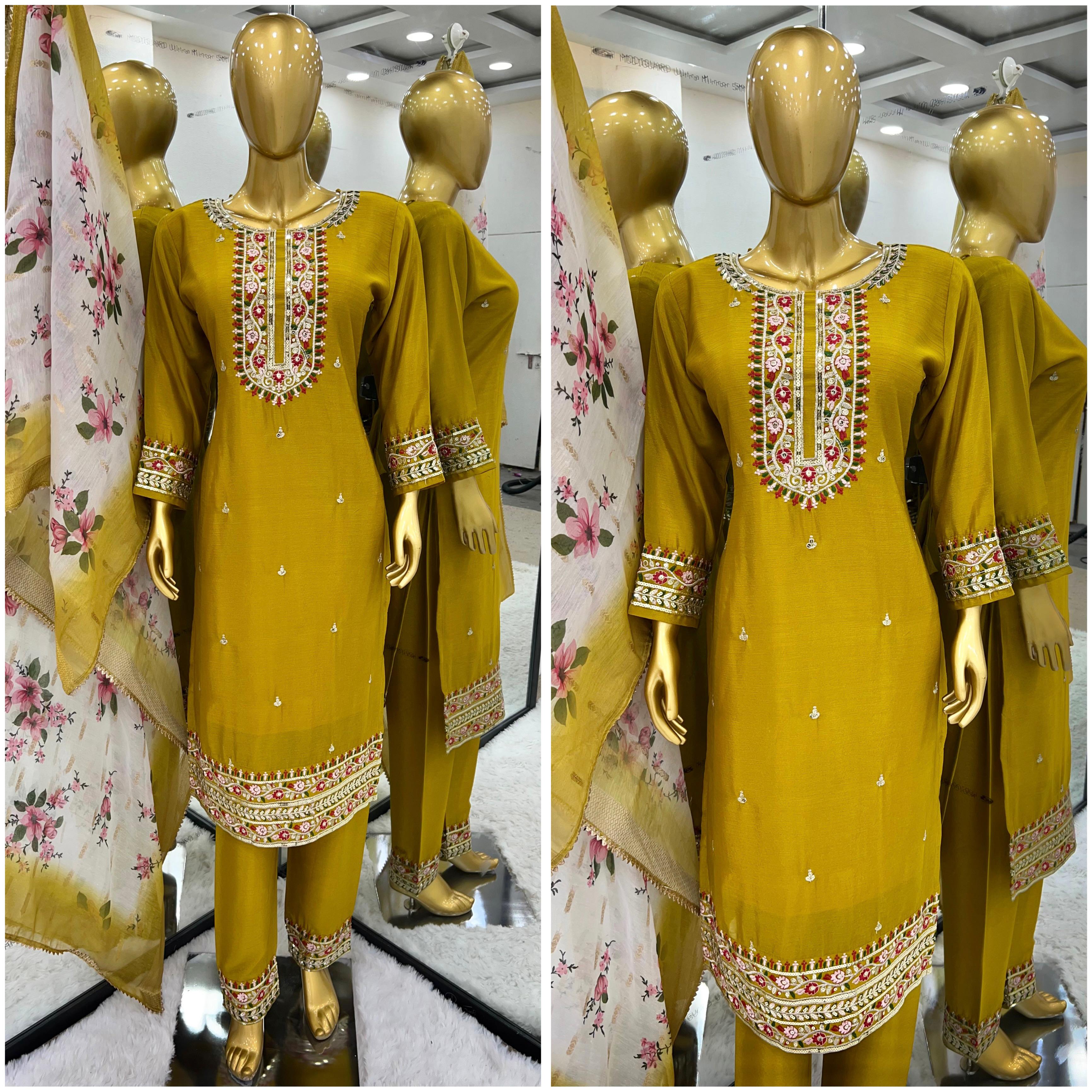 Mustard Heavy Embroidery Sequence Work Kurti Set