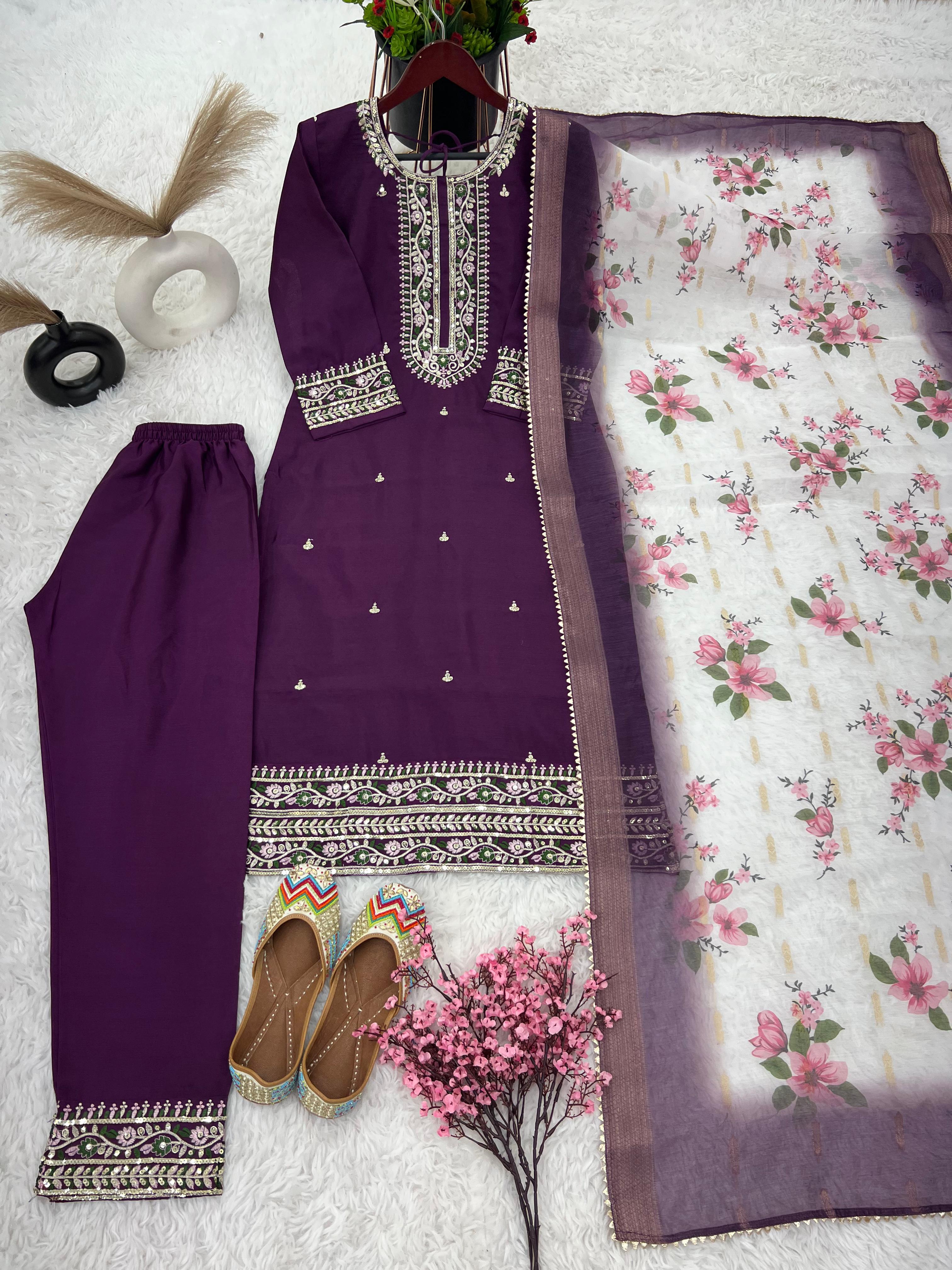 Purple Heavy Embroidery Sequence Work Kurti Set