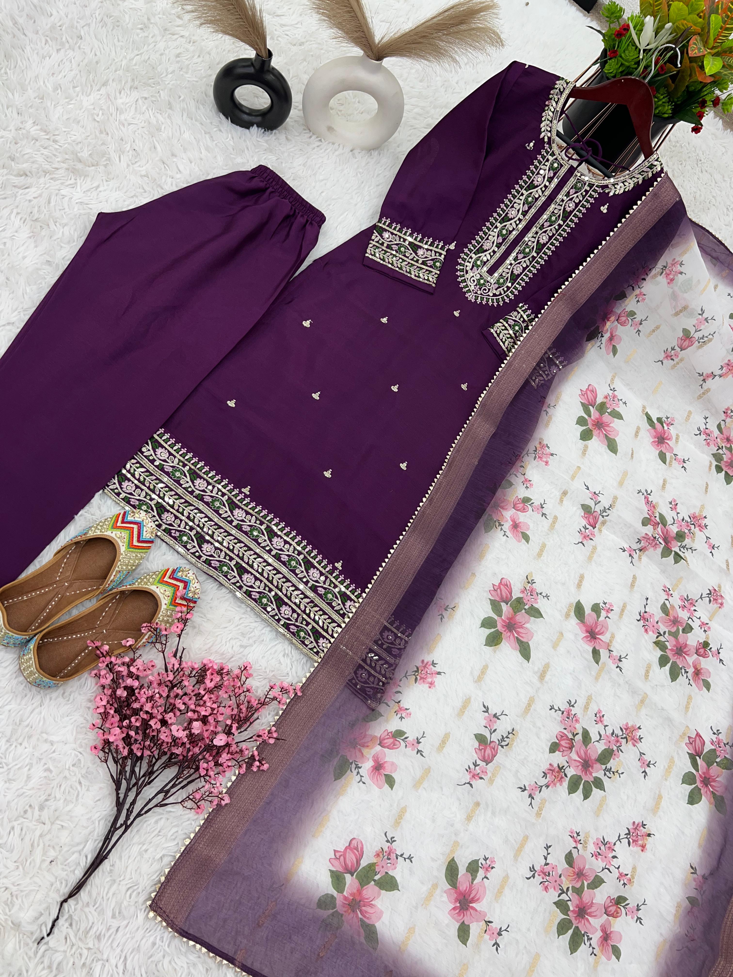 Purple Heavy Embroidery Sequence Work Kurti Set