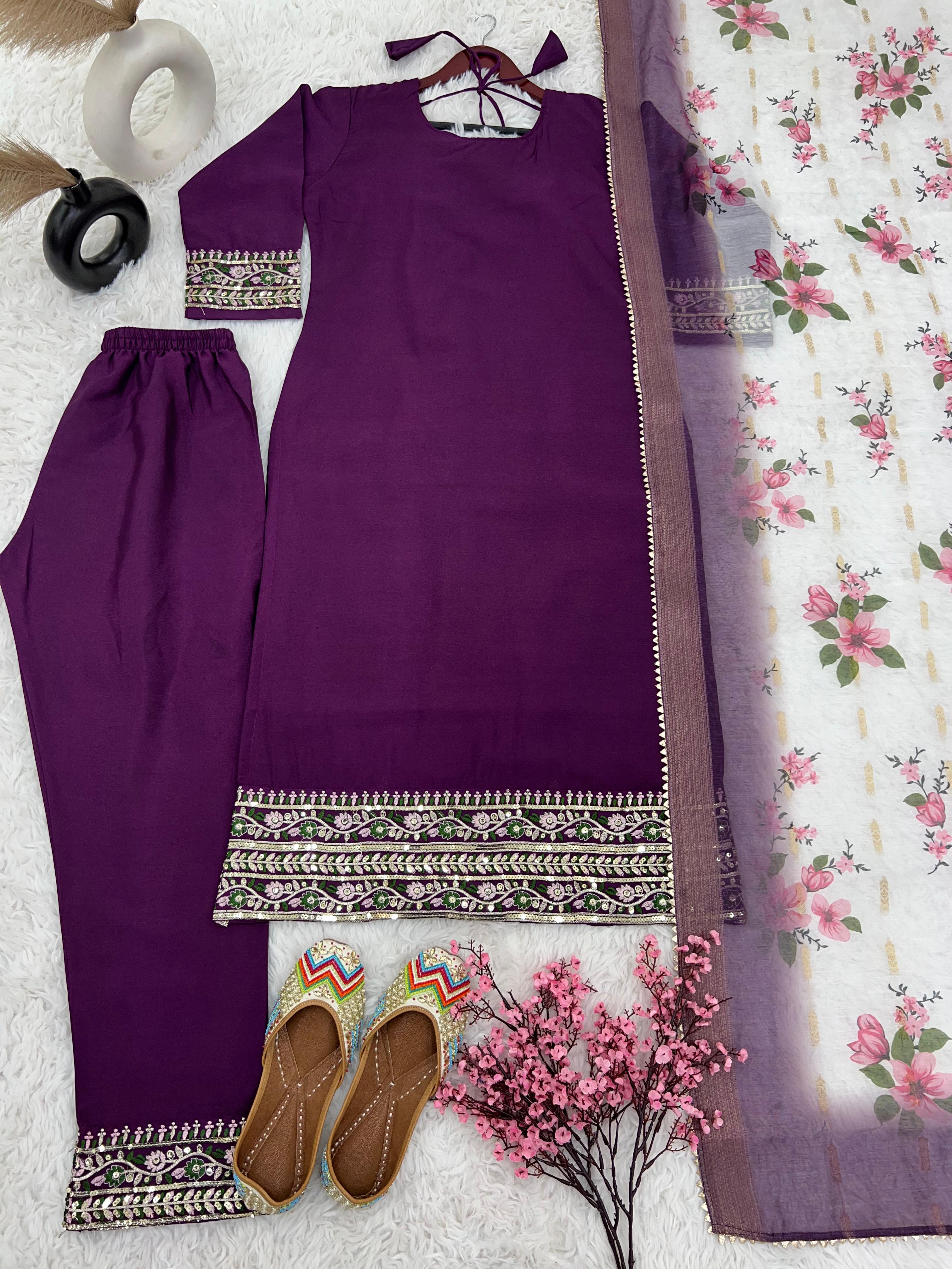 Purple Heavy Embroidery Sequence Work Kurti Set