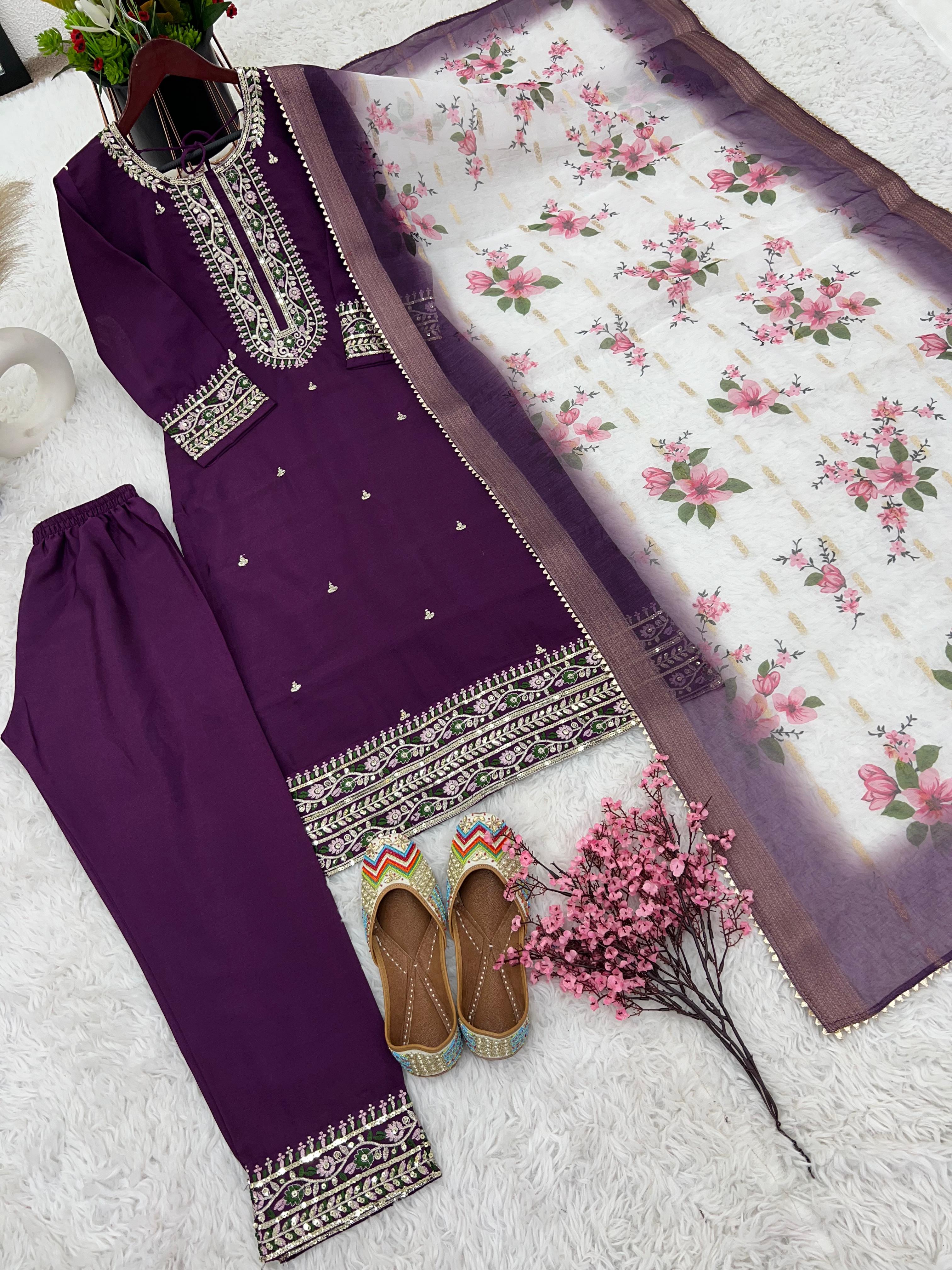 Purple Heavy Embroidery Sequence Work Kurti Set