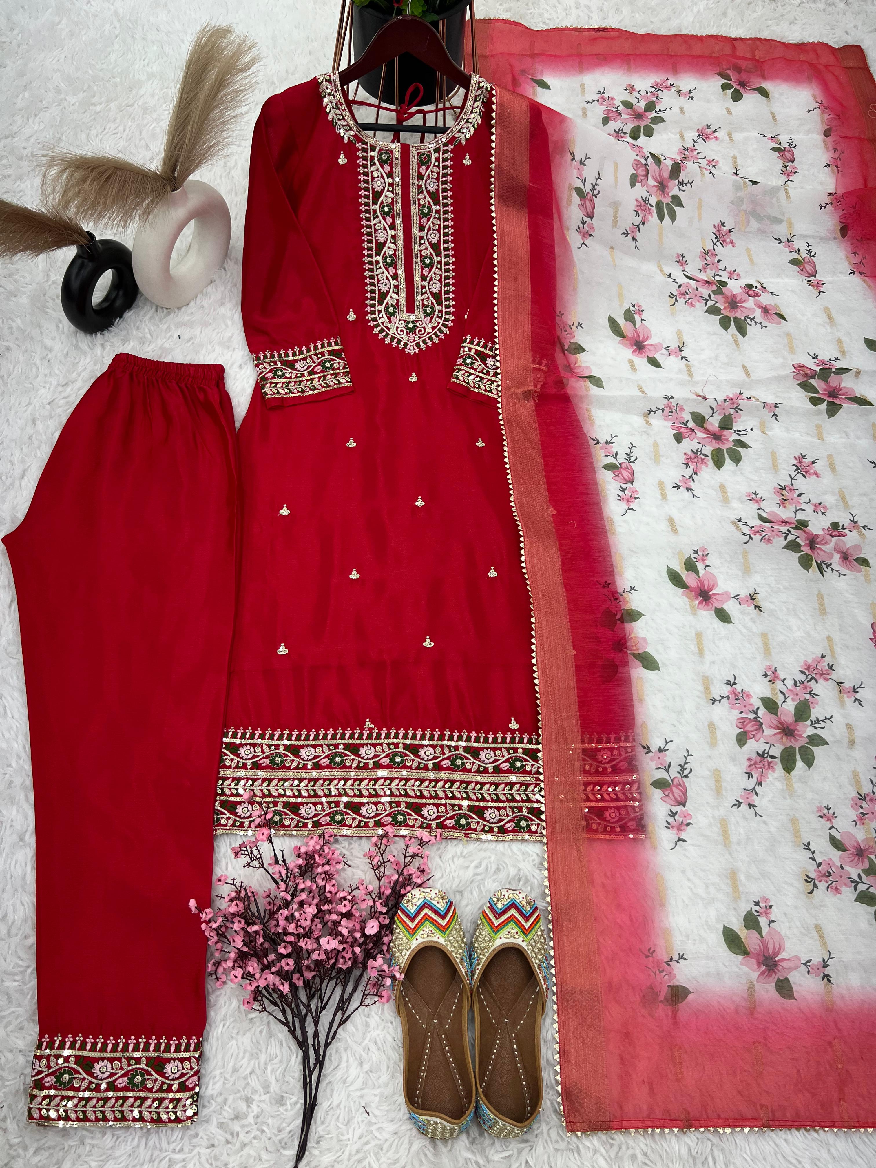 Red Heavy Embroidery Sequence Work Kurti Set