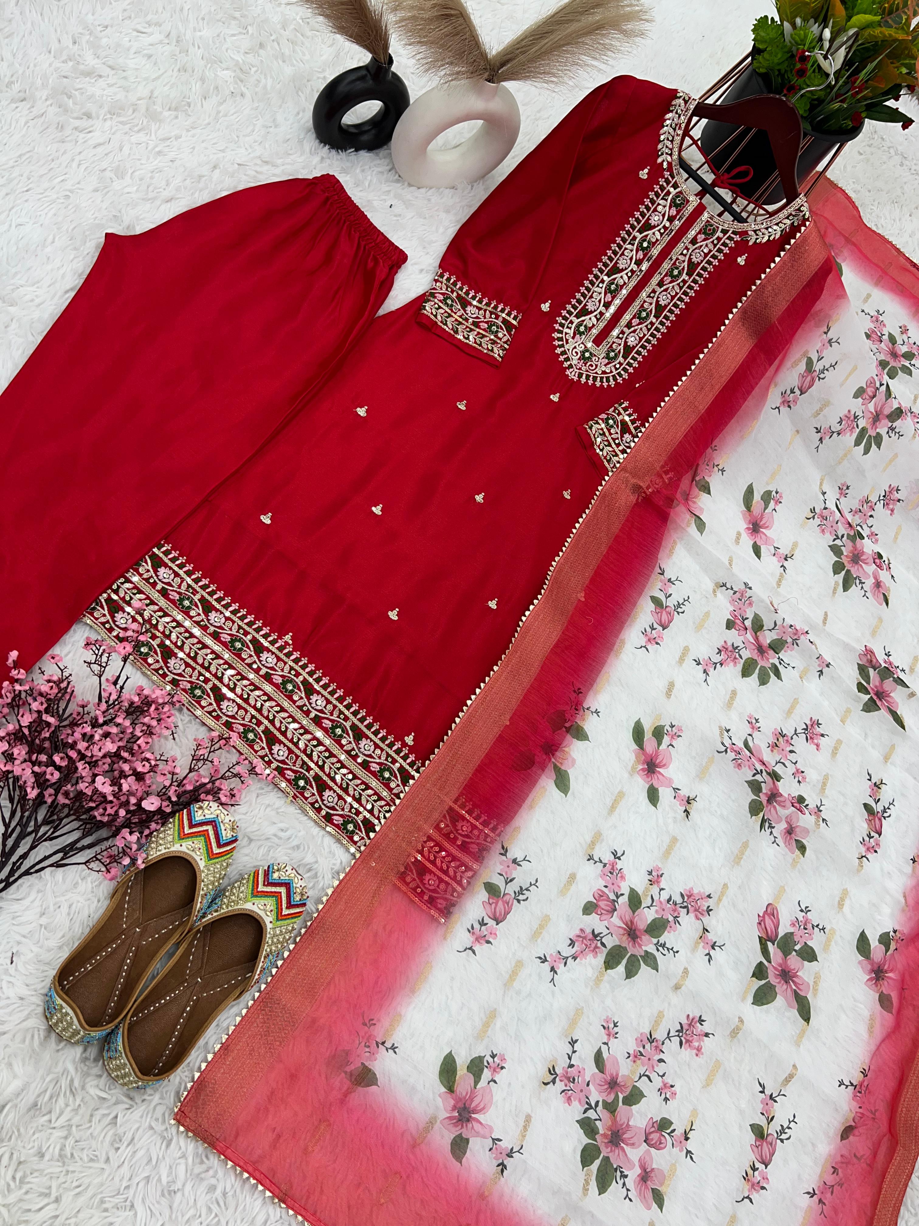 Red Heavy Embroidery Sequence Work Kurti Set