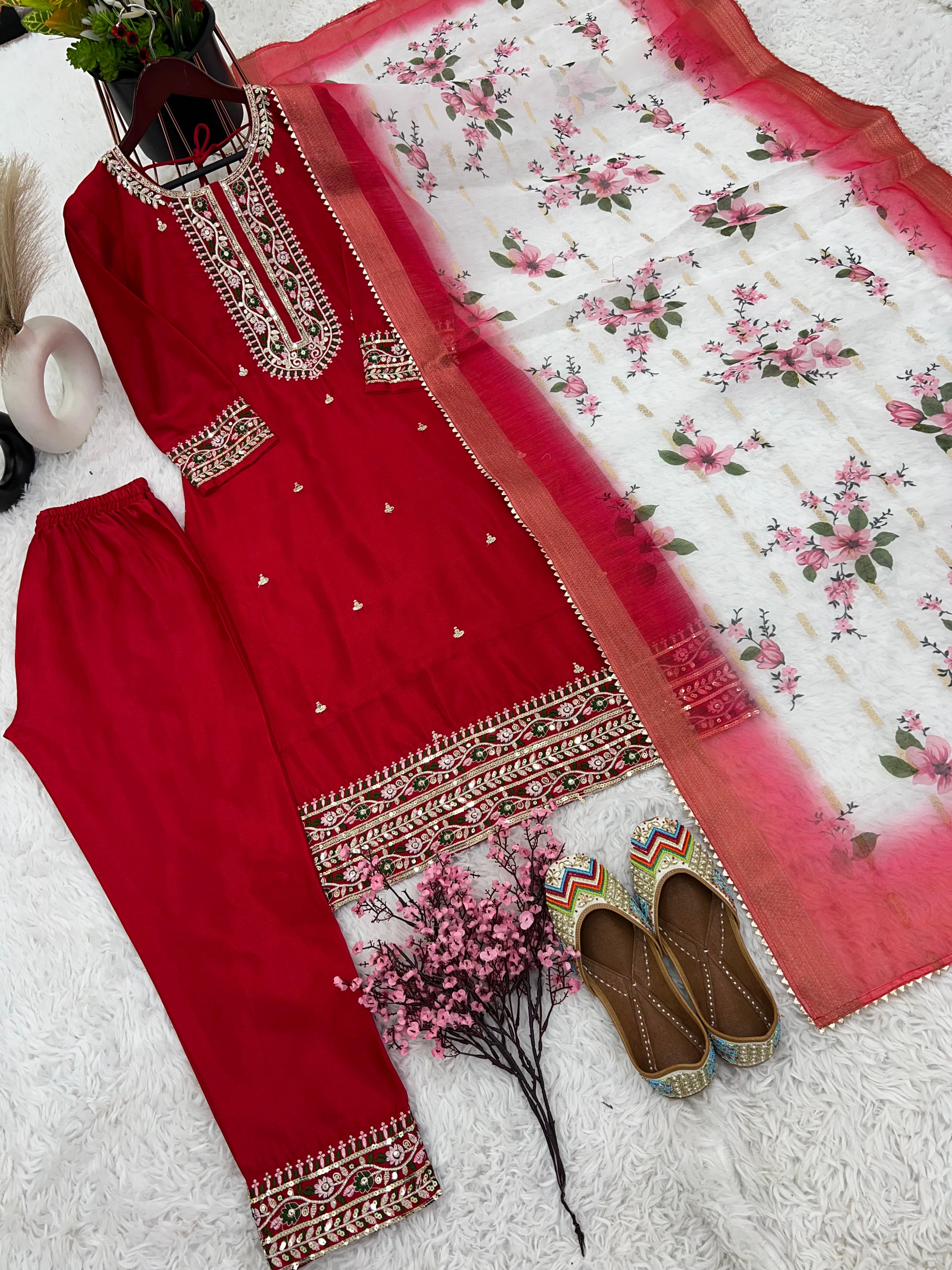 Red Heavy Embroidery Sequence Work Kurti Set