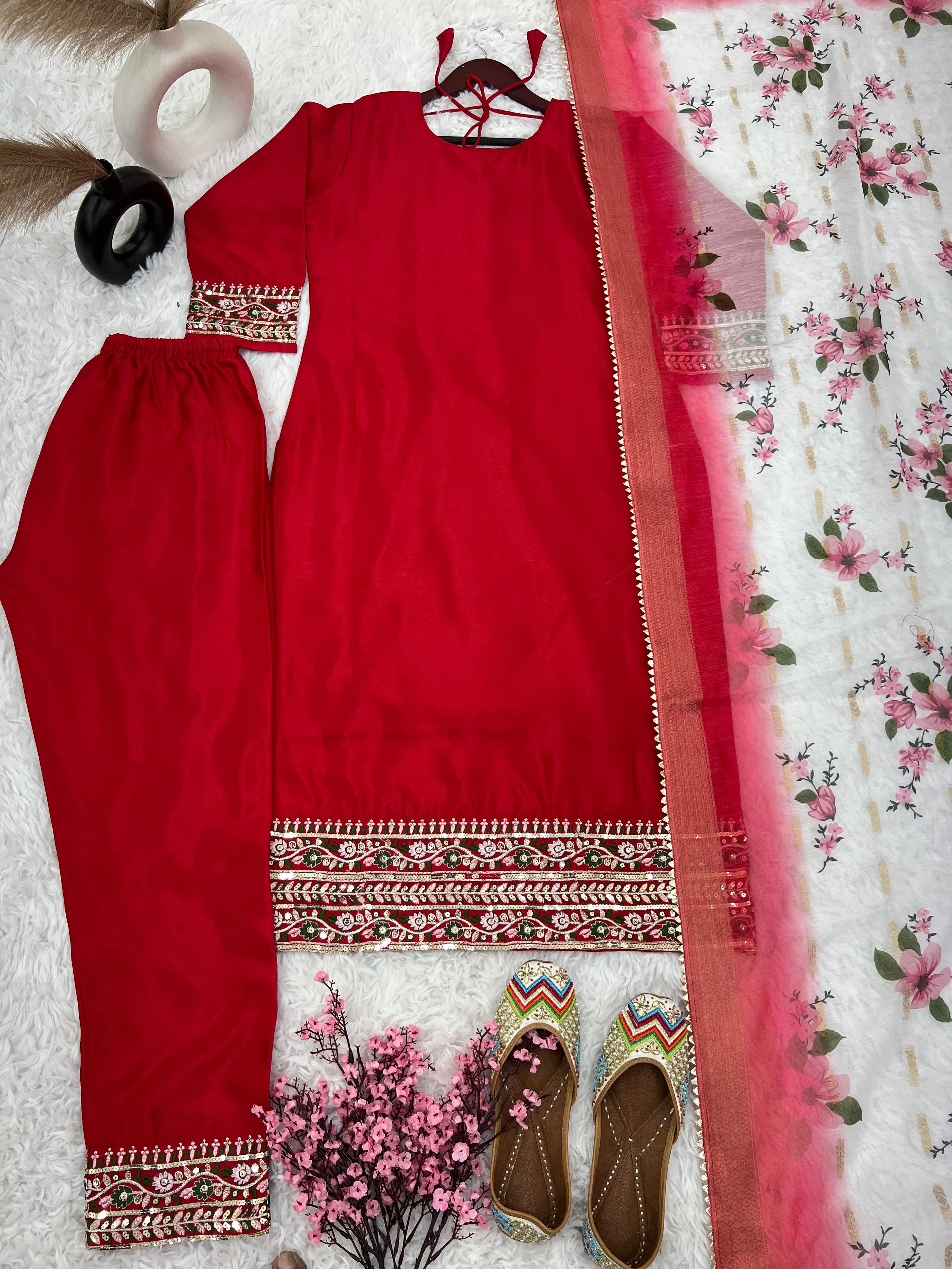 Red Heavy Embroidery Sequence Work Kurti Set