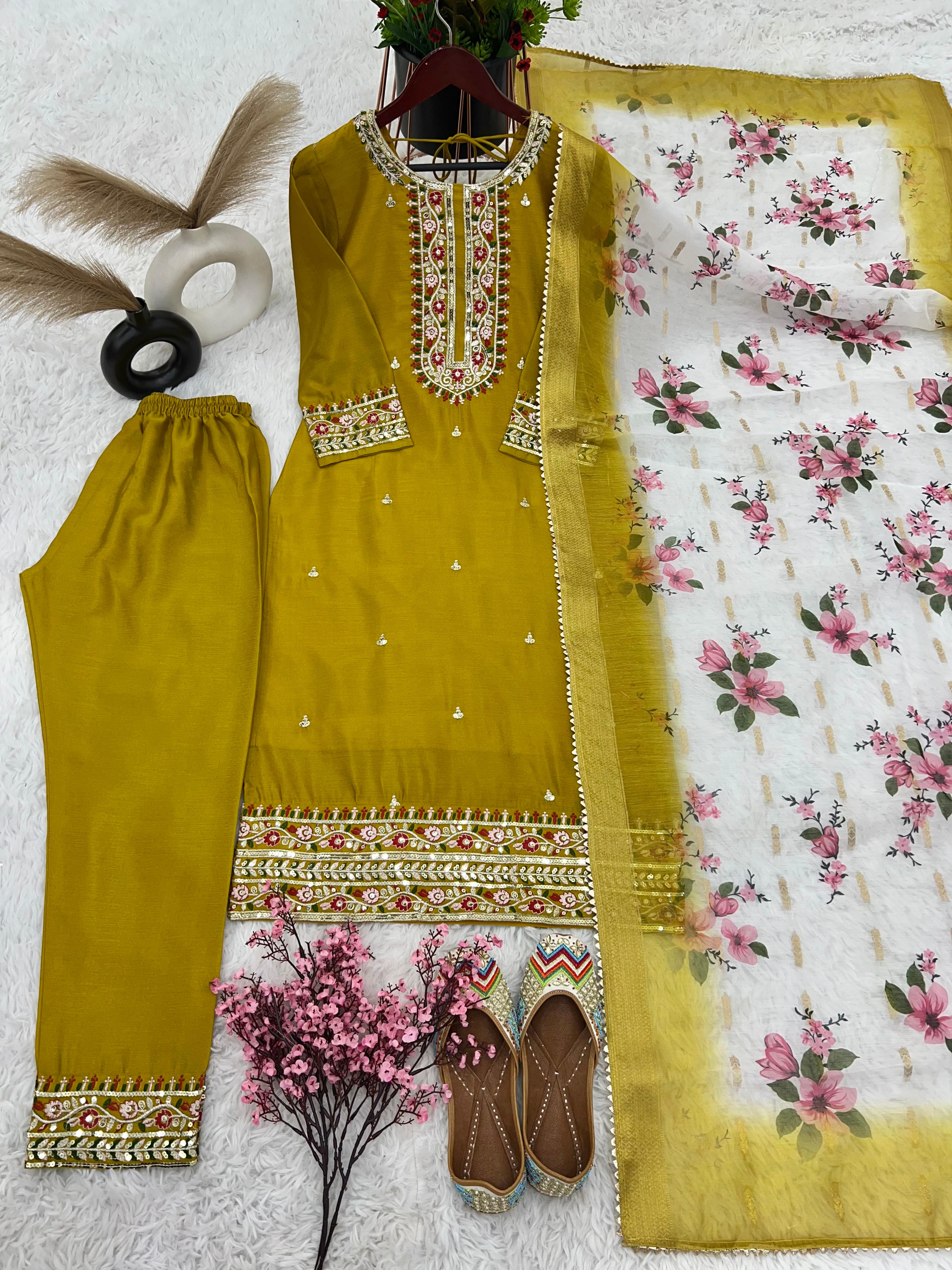 Mustard Heavy Embroidery Sequence Work Kurti Set