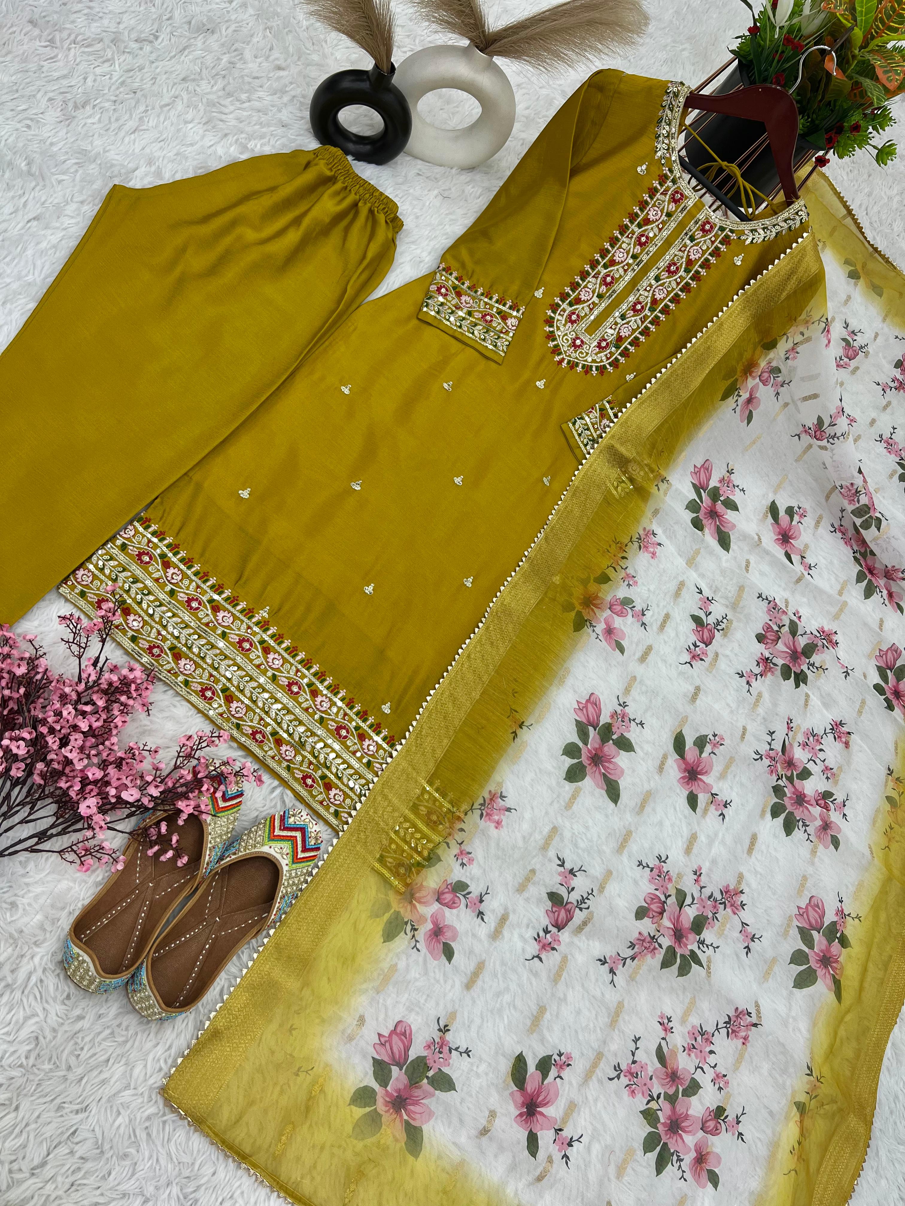 Mustard Heavy Embroidery Sequence Work Kurti Set