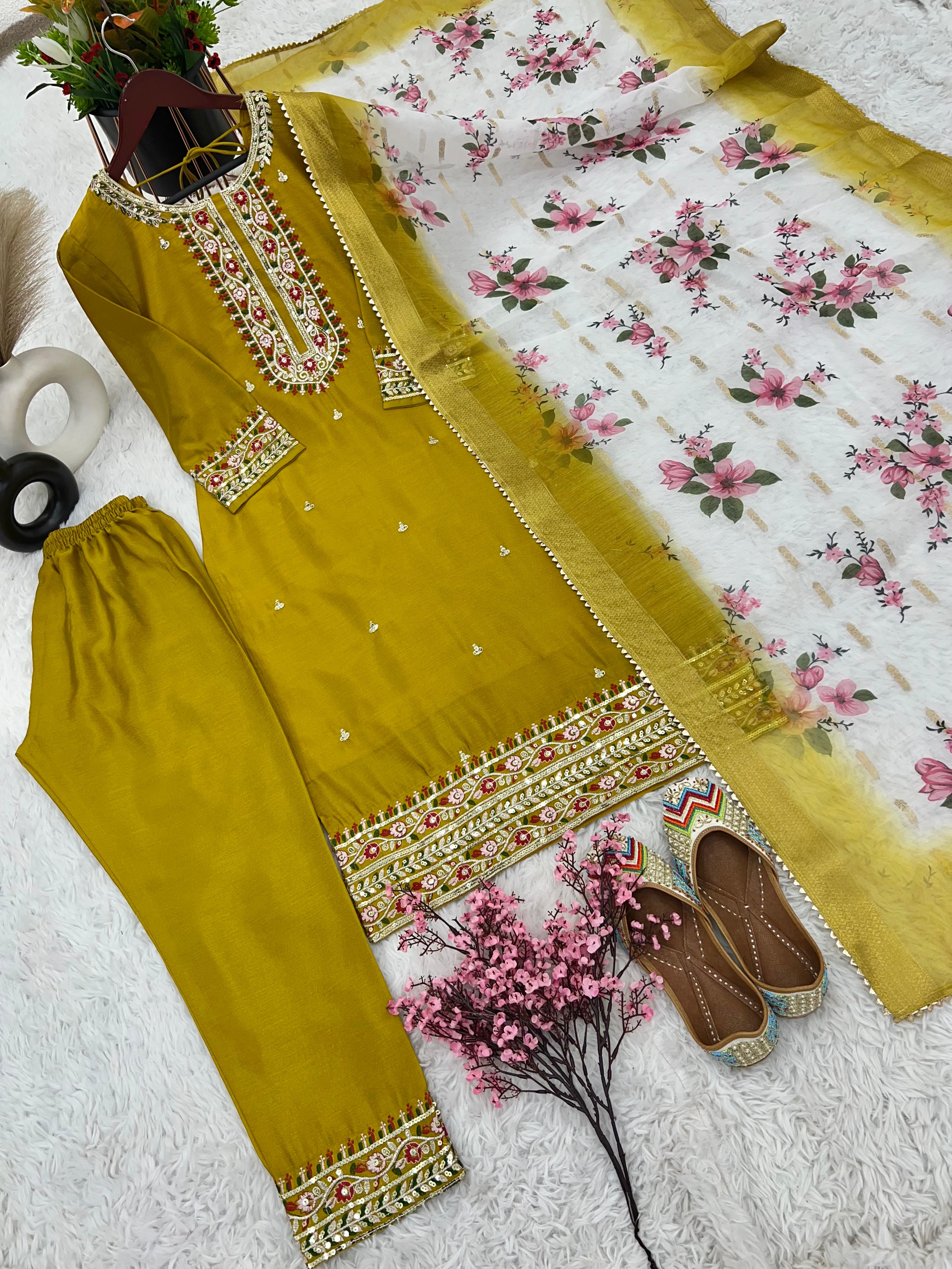 Mustard Heavy Embroidery Sequence Work Kurti Set