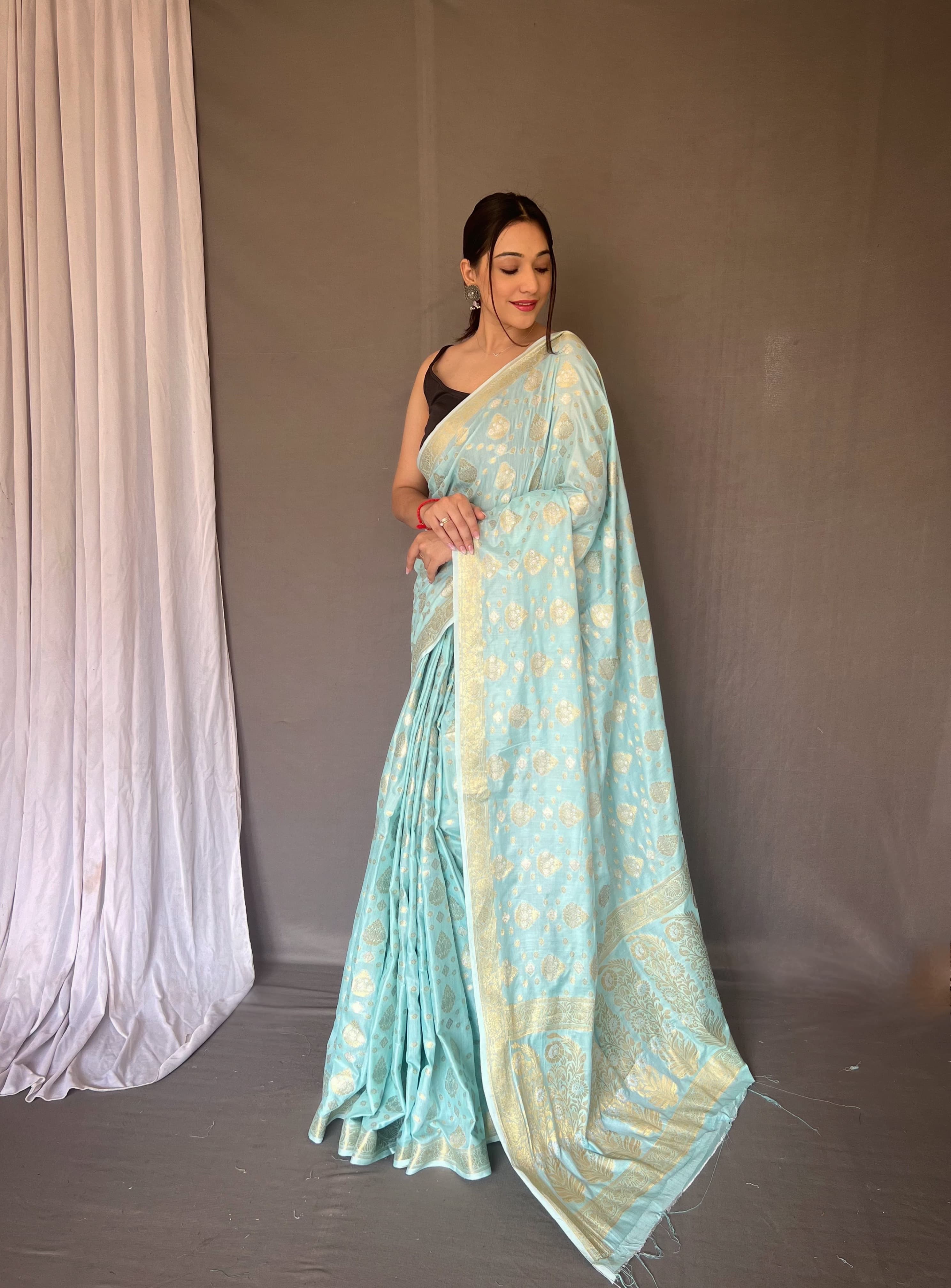 Soft Silk Gold And Silver Design Sky Blue Saree