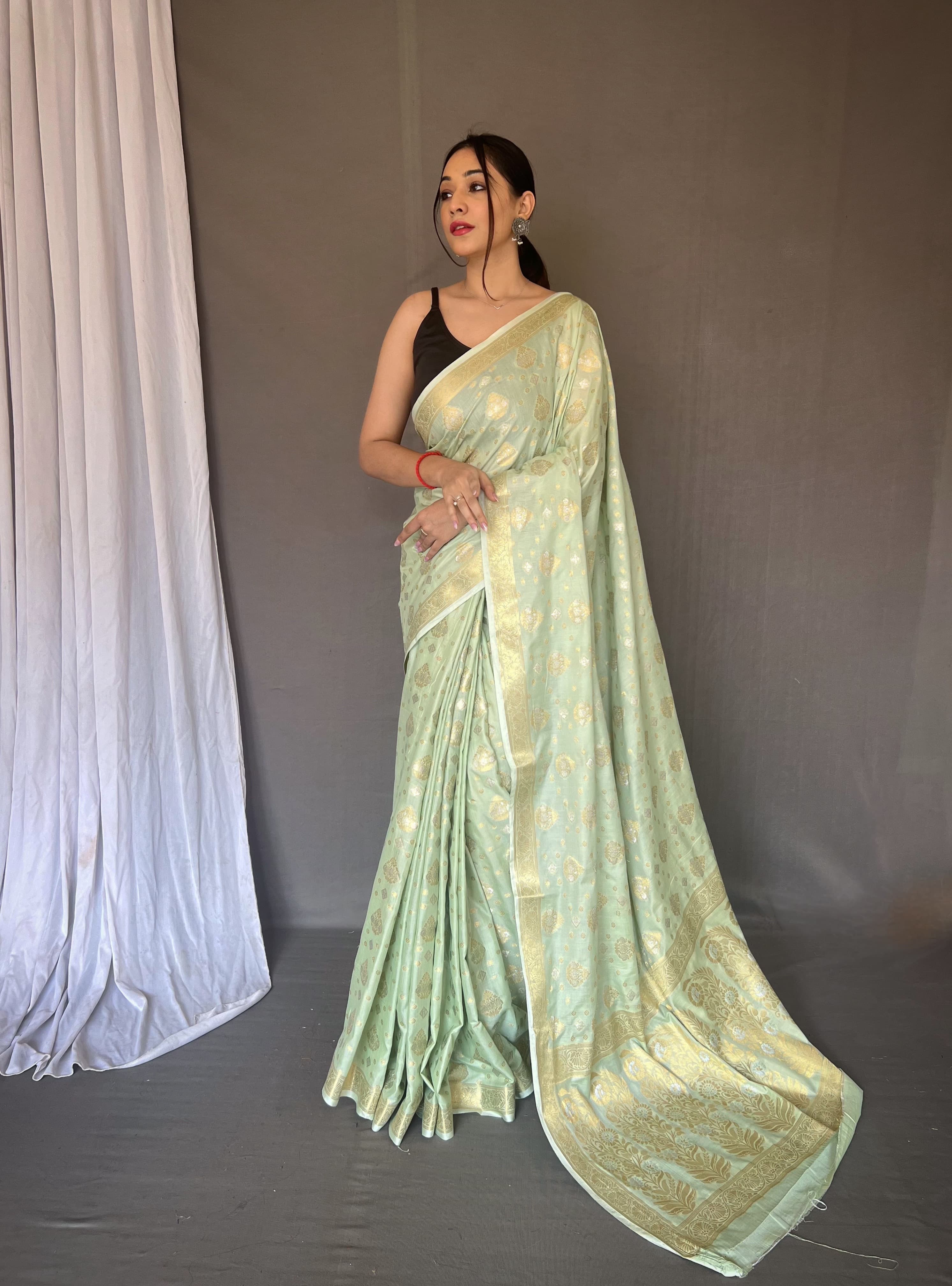 Soft Silk Gold And Silver Design Pista Green Saree